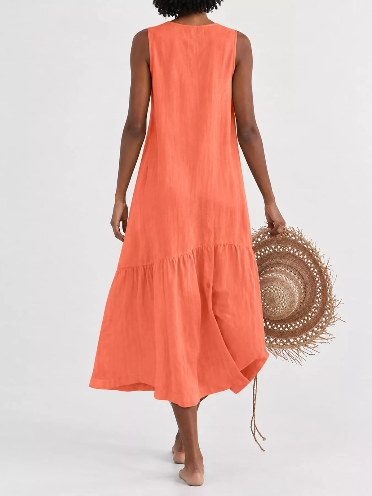 V-neck button front sleeveless midi dress