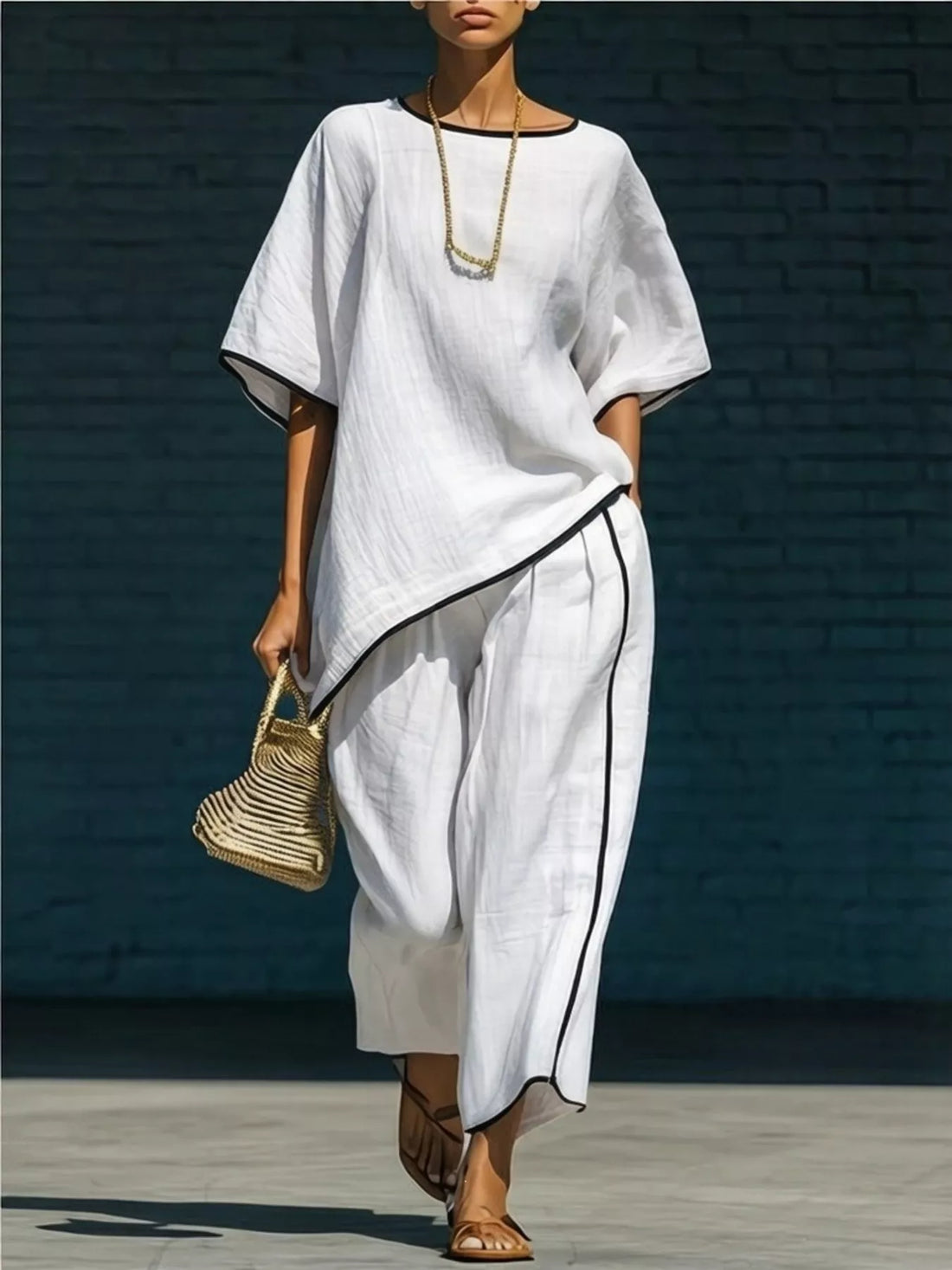 Contrast trim round neck top and pants set, White