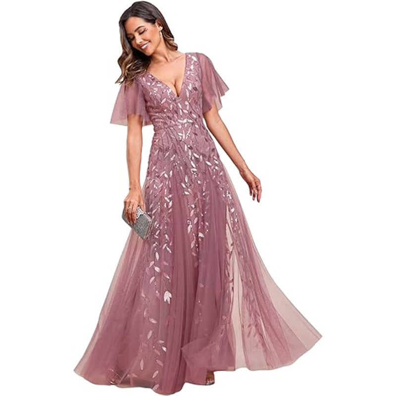 Flutter-sleeve sequin gown