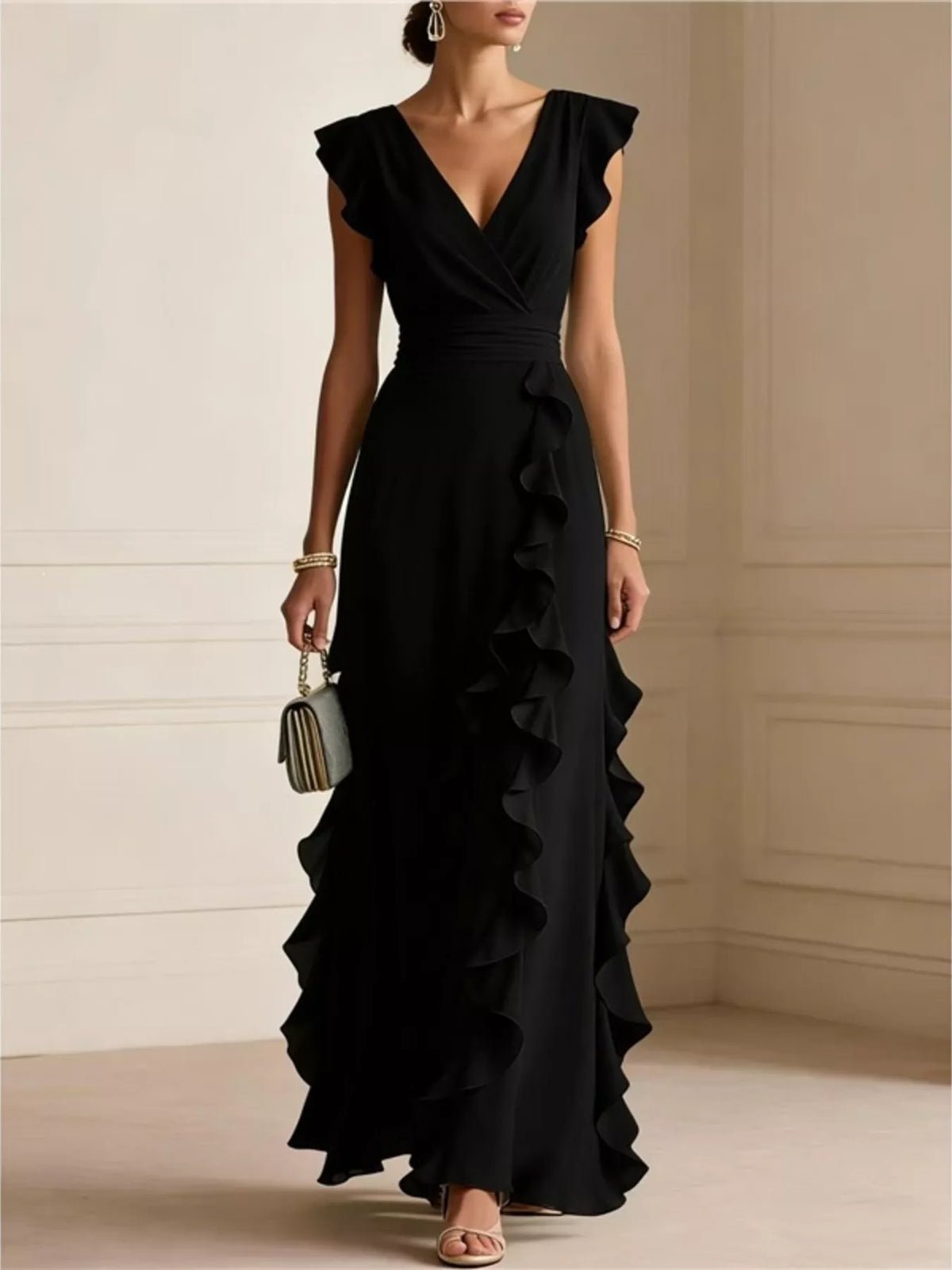 Ruffled surplice maxi dress – black