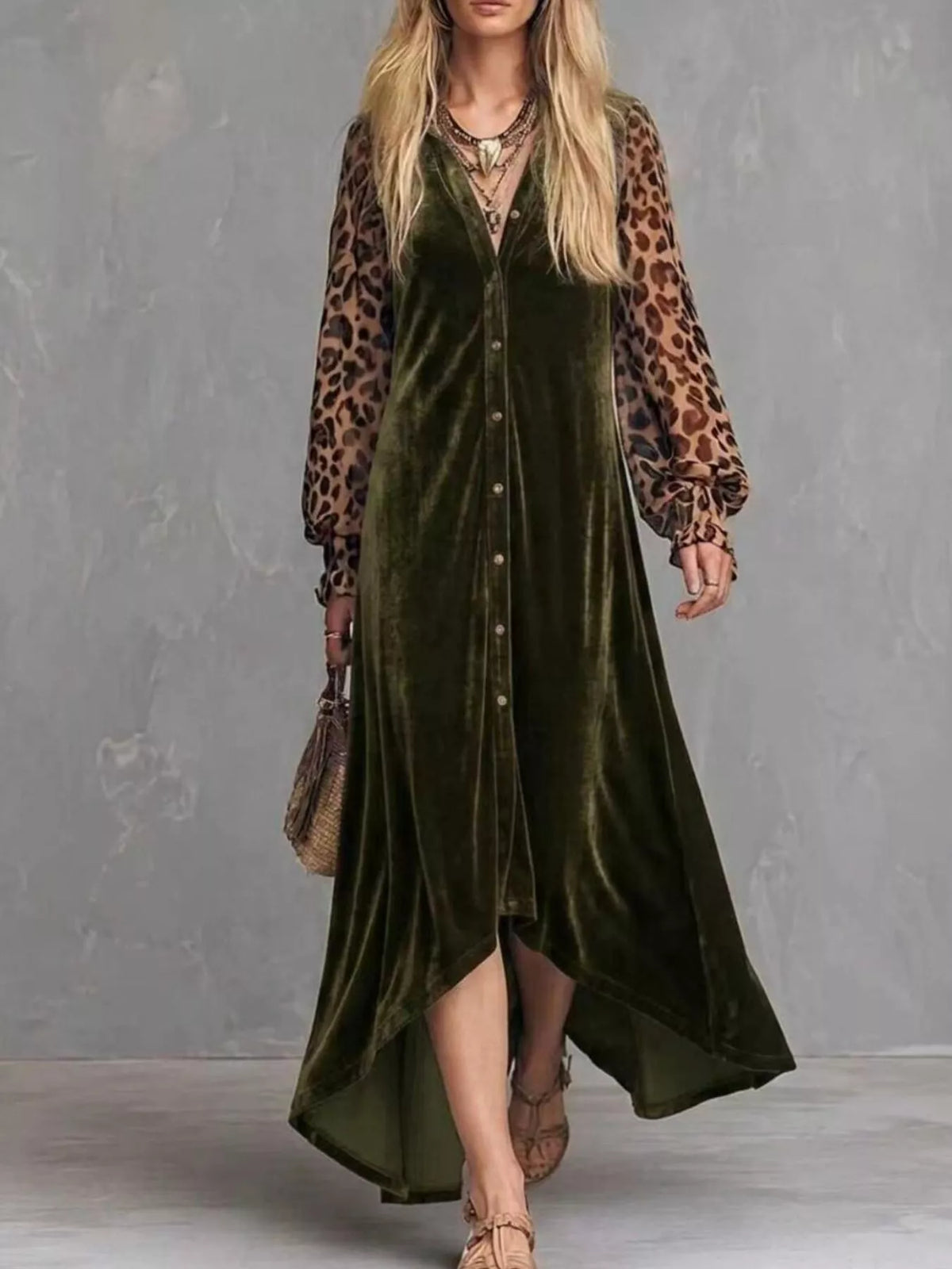 Leopard velvet maxi dress – army green