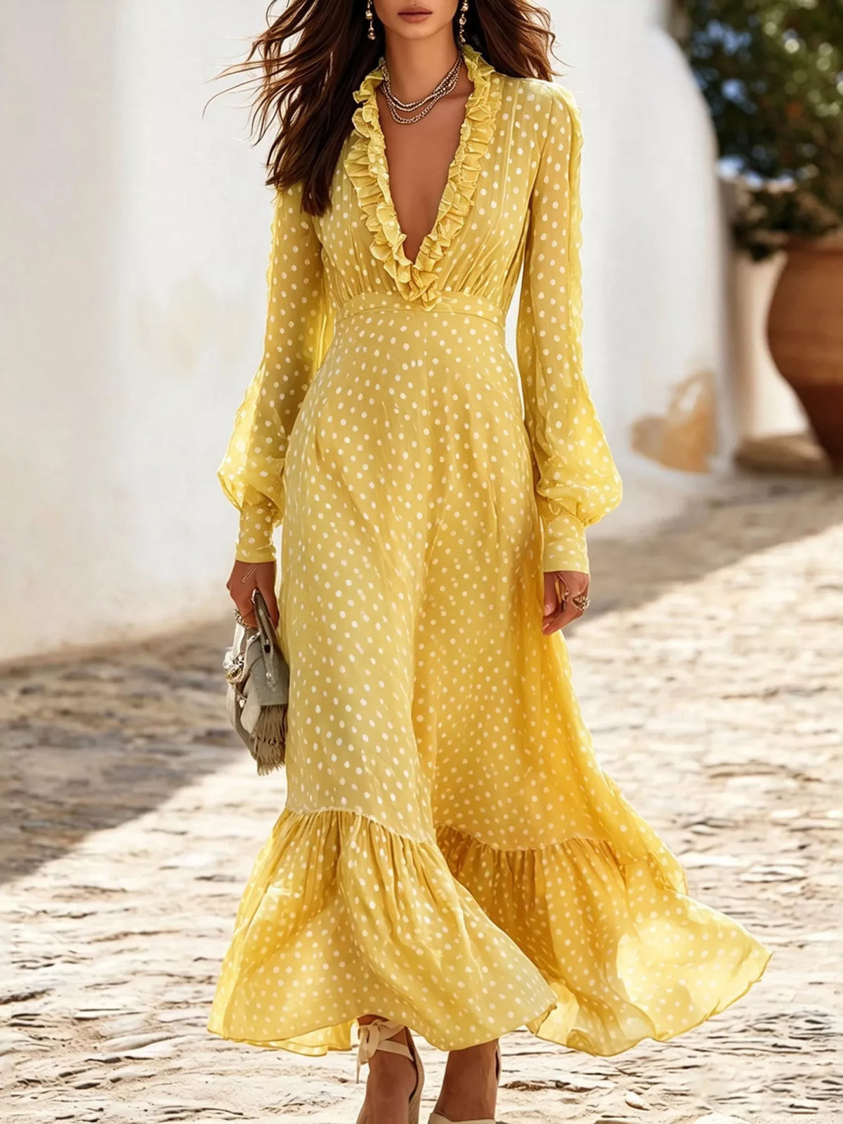 Polka-dot ruffle maxi dress – pastel yellow