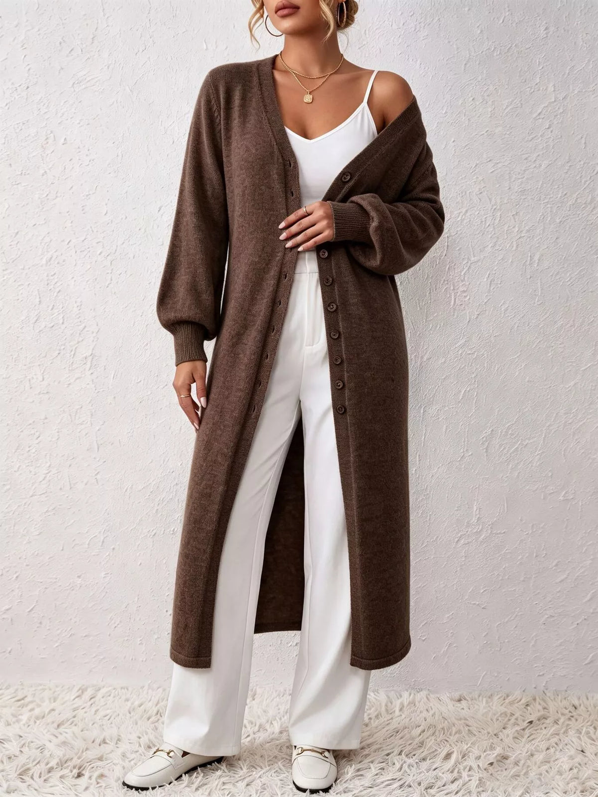 Elegant longline button-front cardigan with lantern sleeves, Dark Brown