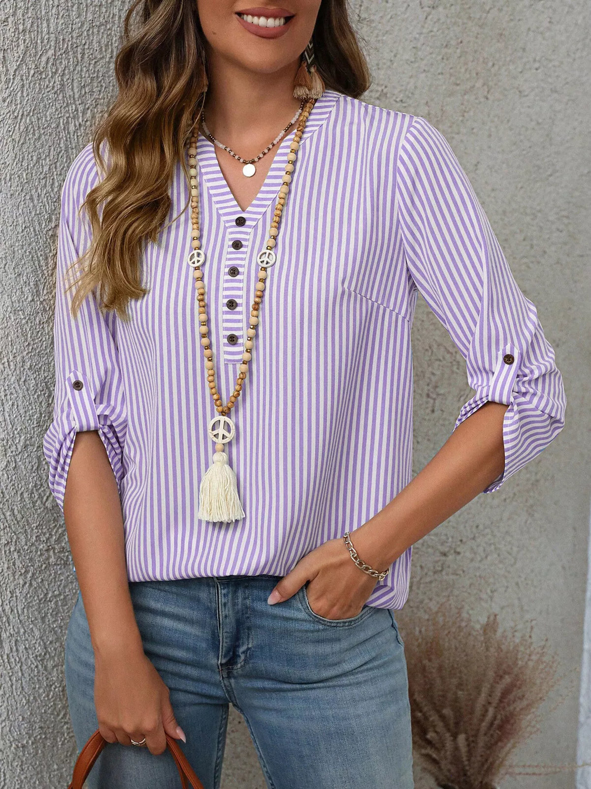 Striped roll-sleeve blouse, Purple