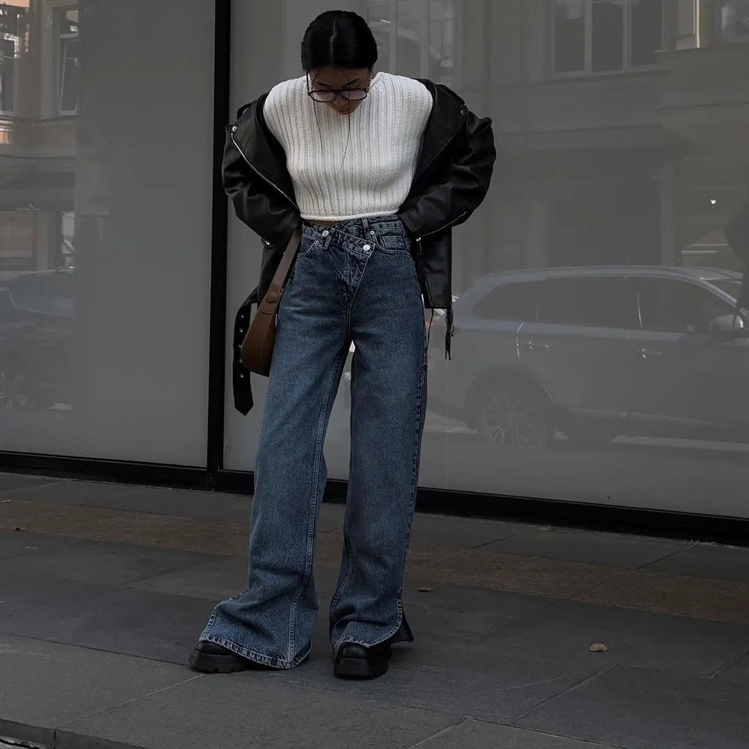 Crossover-waist wide jeans