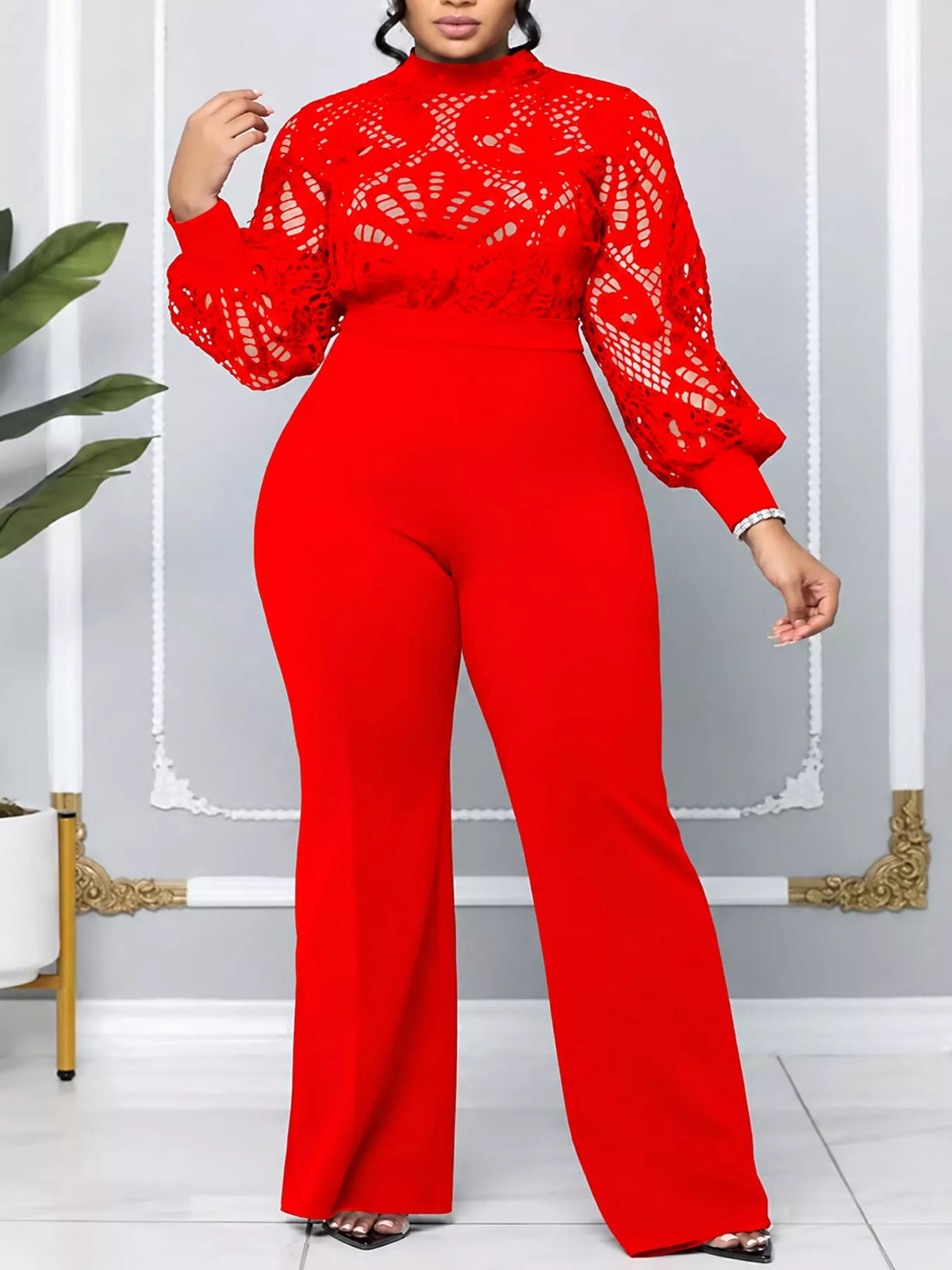 Lace lantern-sleeve jumpsuit – red