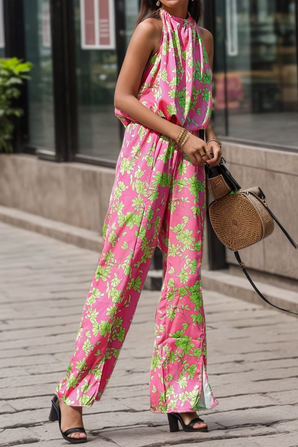 Printed Mock Neck Sleeveless Jumpsuit