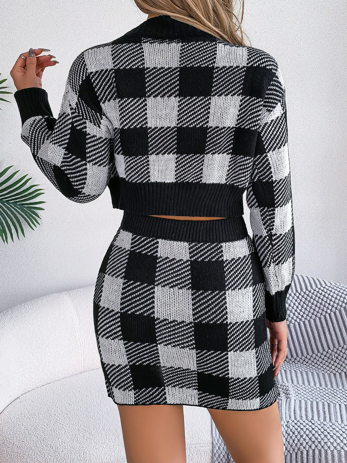 Plaid Round Neck Top and Skirt Sweater Set