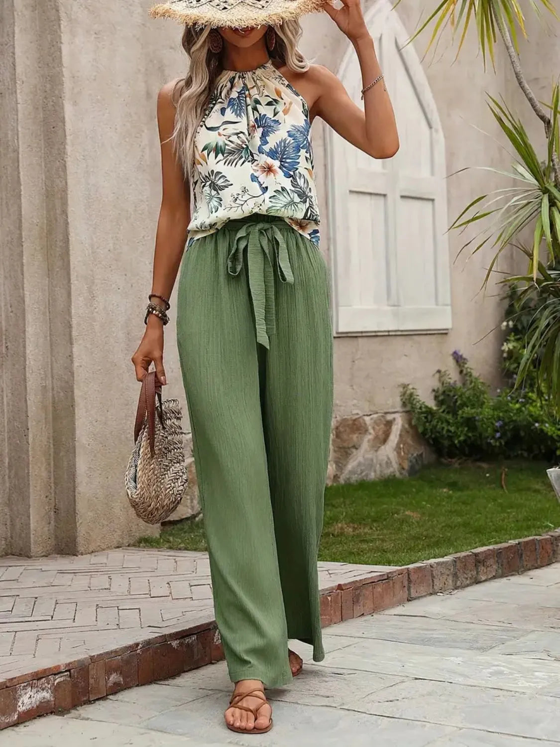 Printed tank top and wide leg pants set