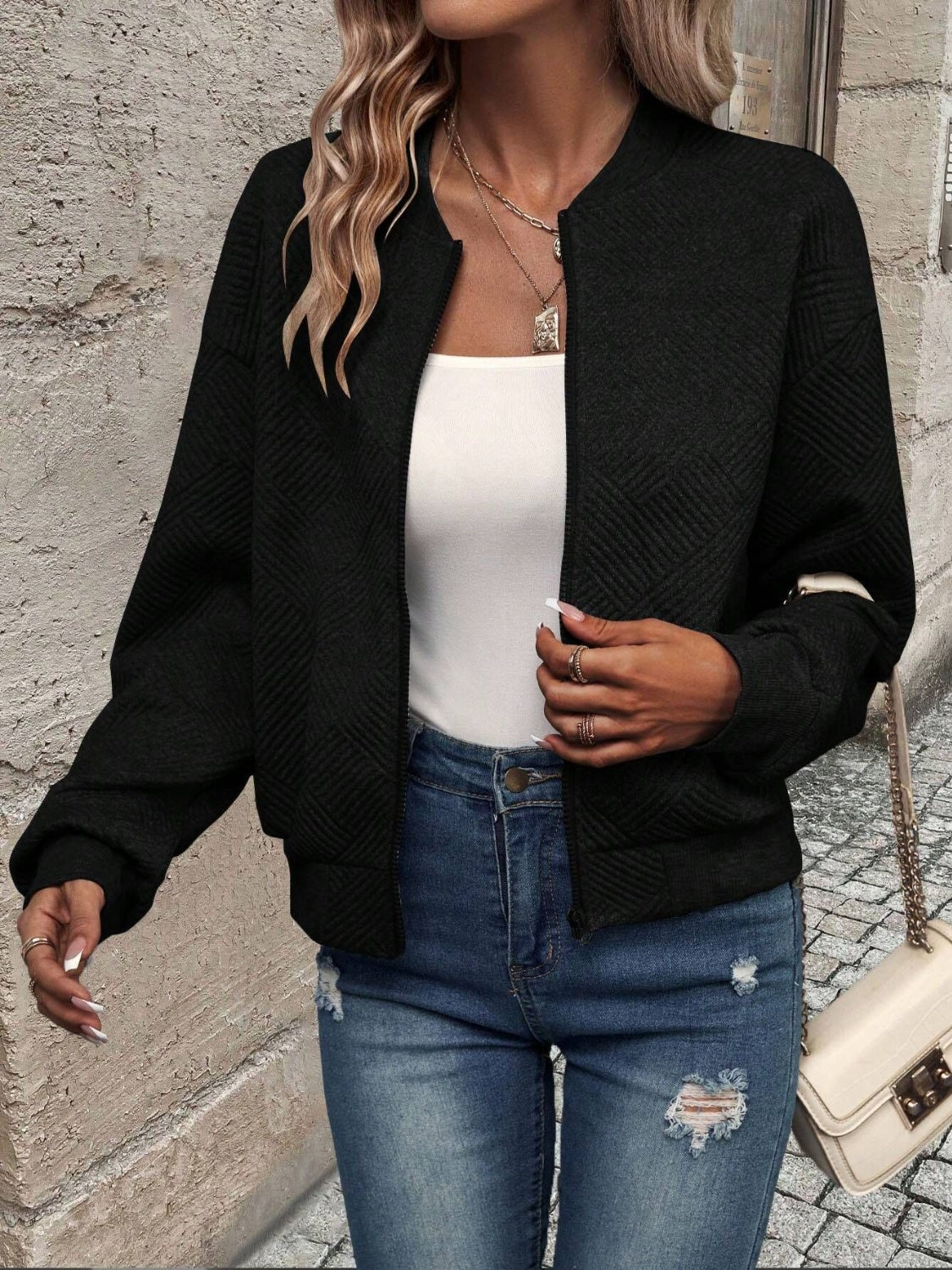 Textured zip up long sleeve jacket