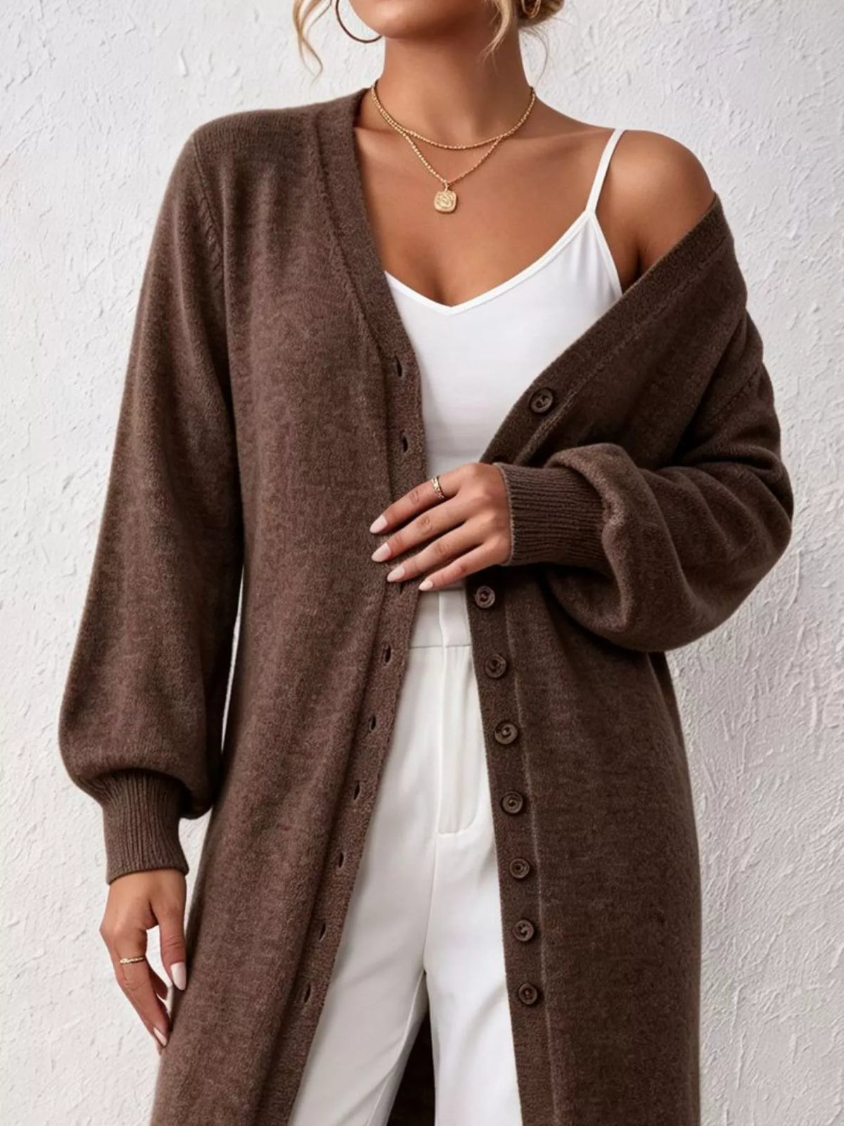 Elegant longline button-front cardigan with lantern sleeves
