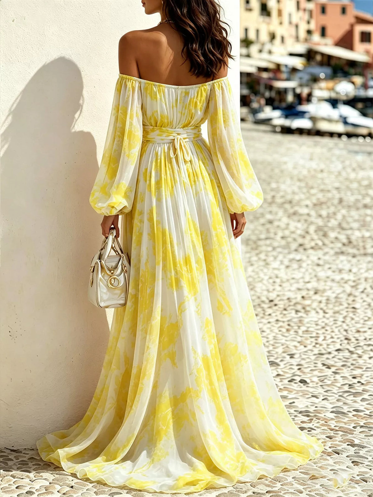 Off-shoulder balloon-sleeve maxi dress