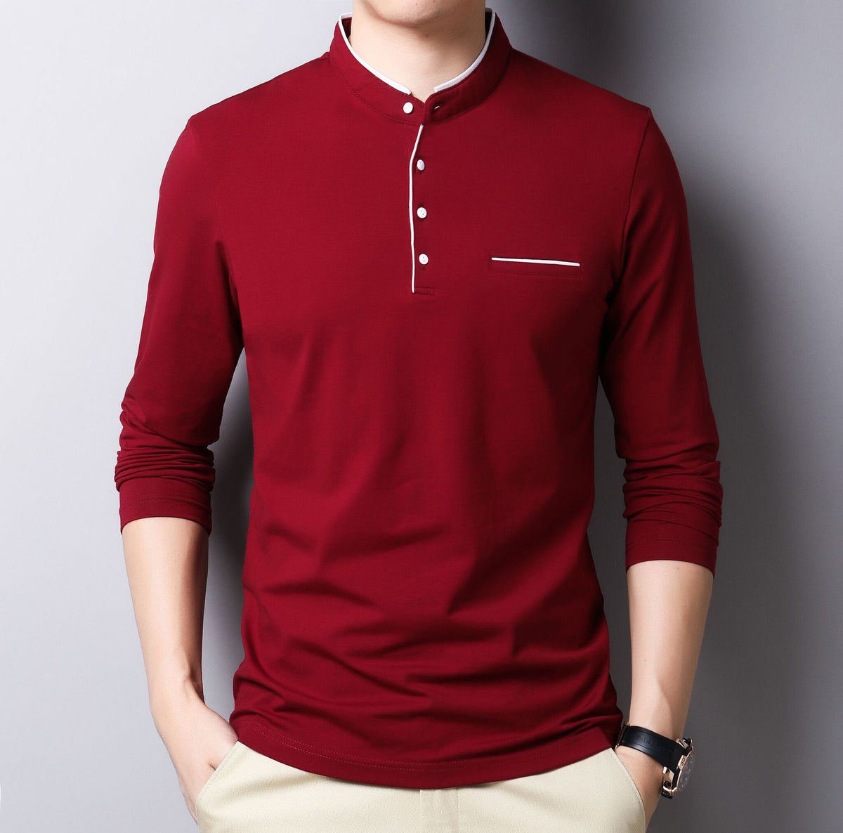Band collar long sleeve henley, Burgundy, front