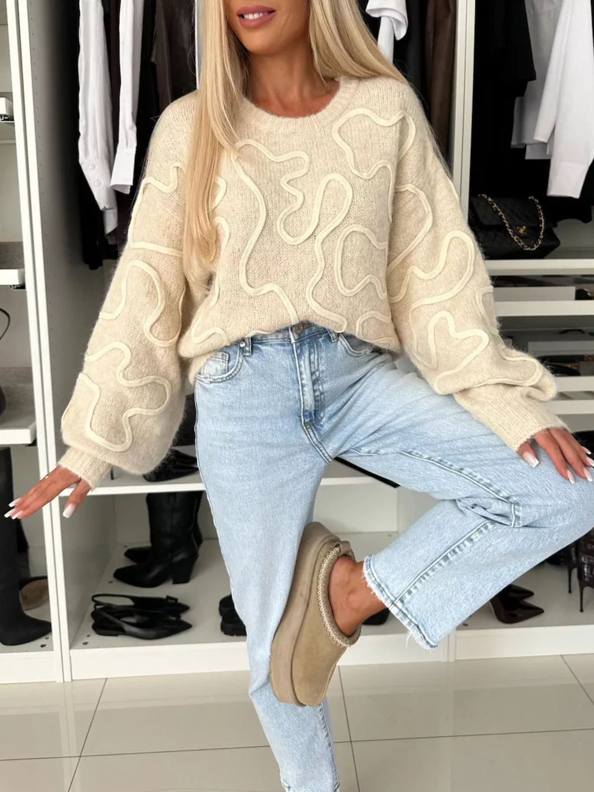 Abstract pattern oversized round neck sweater, Apricot