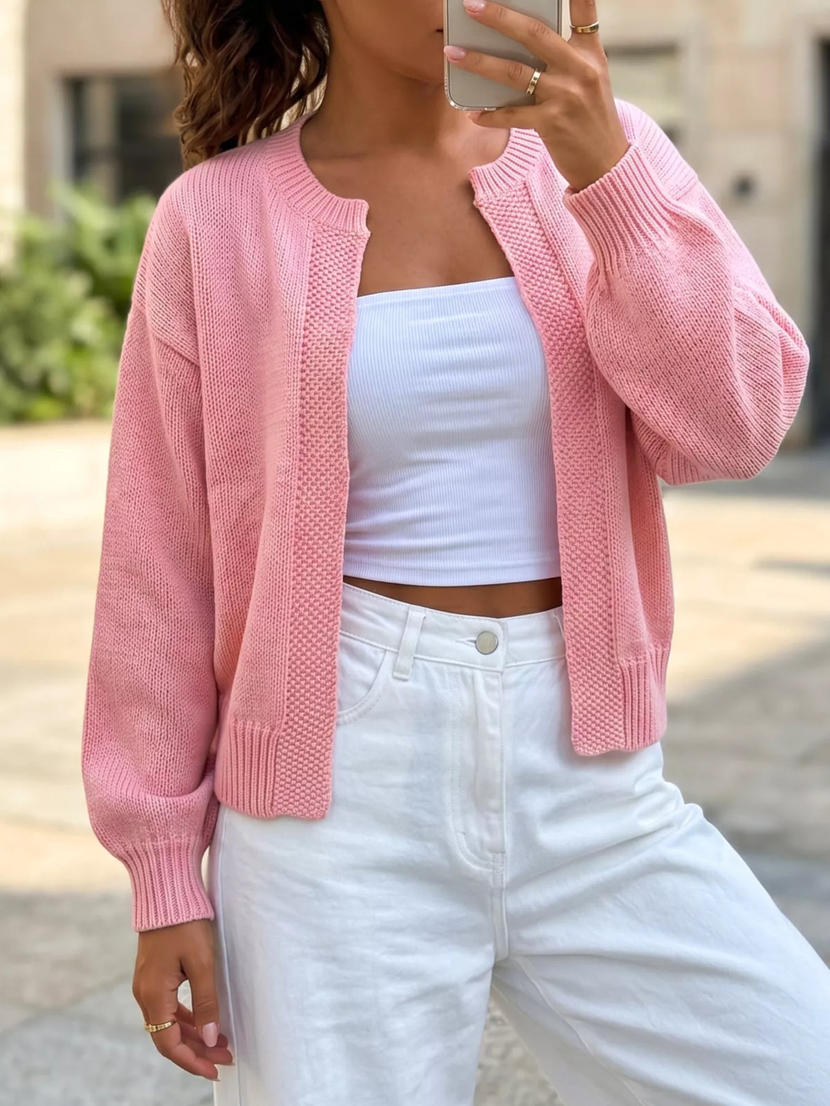 Casual open-front knit cardigan with ribbed trim