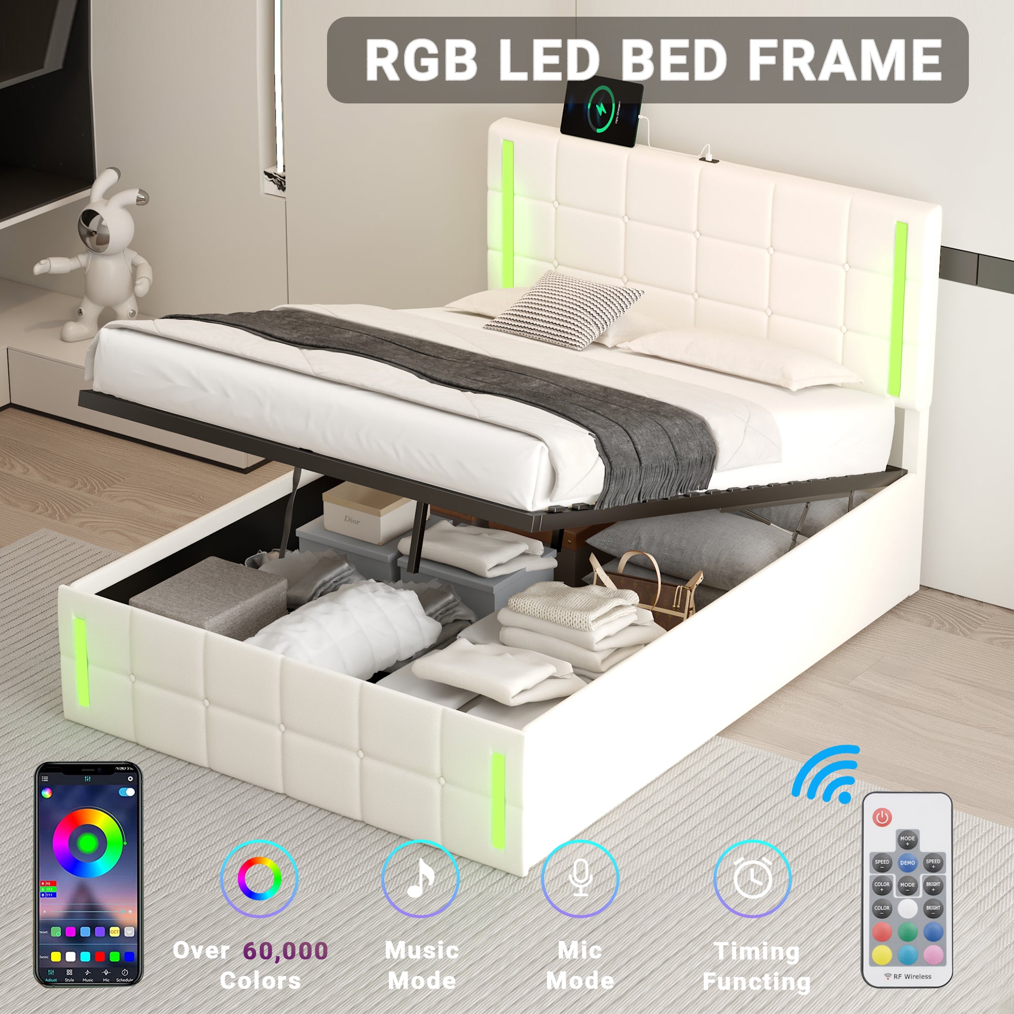 Full Size Upholstered Bed with LED Lights,Hydraulic Storage System and USB Charging Station,White