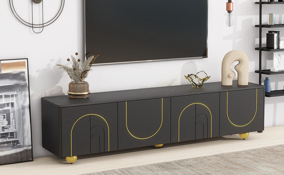 U-Can modern TV stand is suitable for TVs under 75 inches and comes with a storage cabinet top marble pattern and circular stand