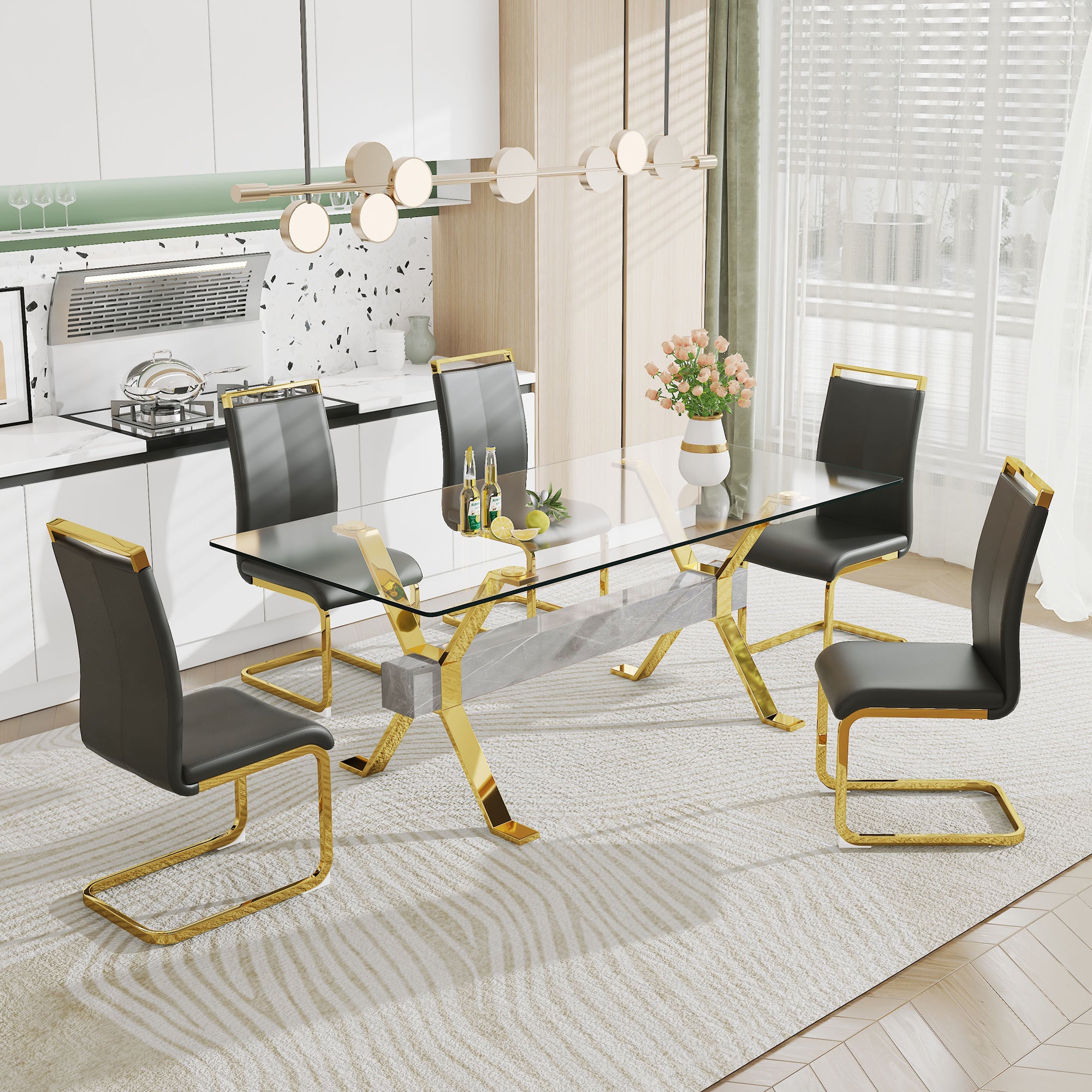 Dining table Modern tempered glass dining table Large modern office desk with gold plated metal legs and MDF crossbars