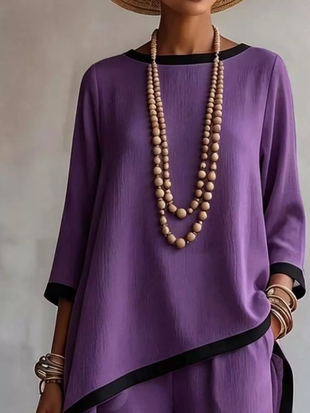 Contrast trim high-low top and pants set