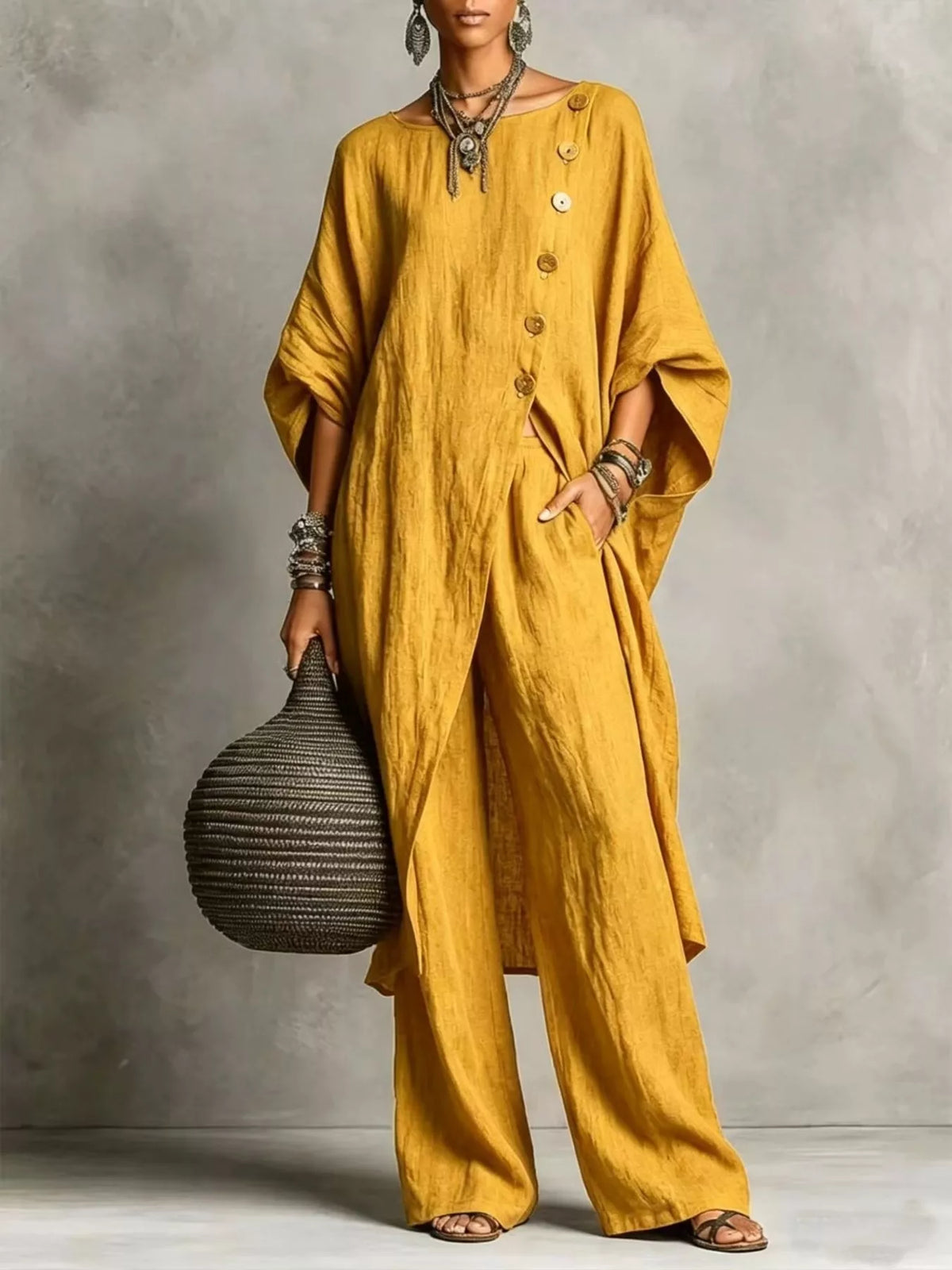 Asymmetric button-down top and wide-leg pants set, Yellow