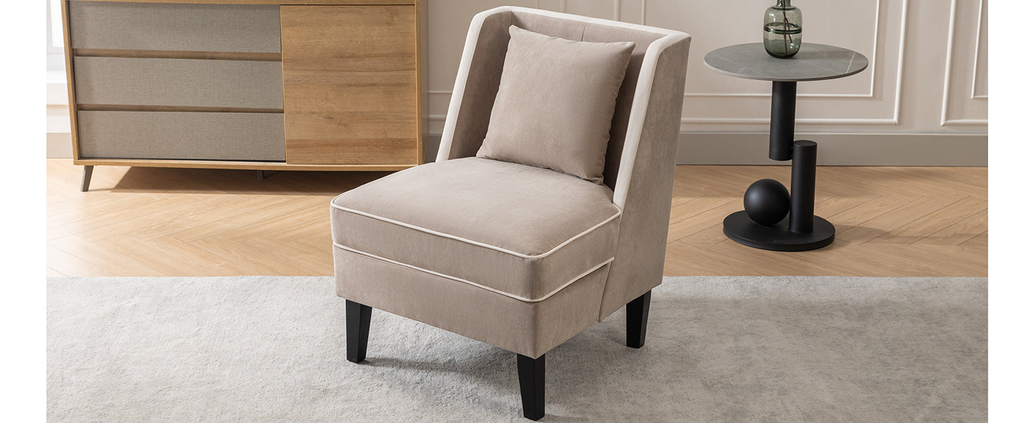 Velvet Upholstered Accent Chair with Cream Piping, Tan and Cream