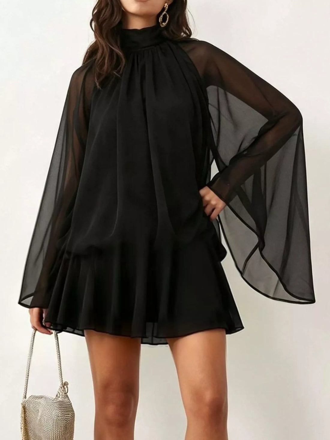 Tie-back flare-sleeve mini dress – black