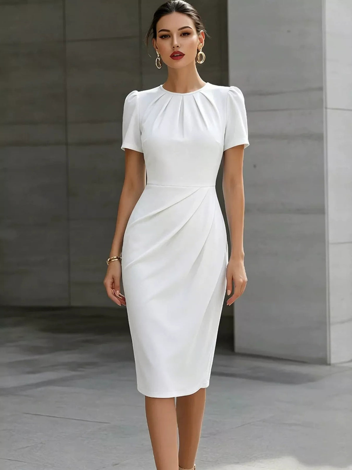 Ruched short-sleeve midi dress – white