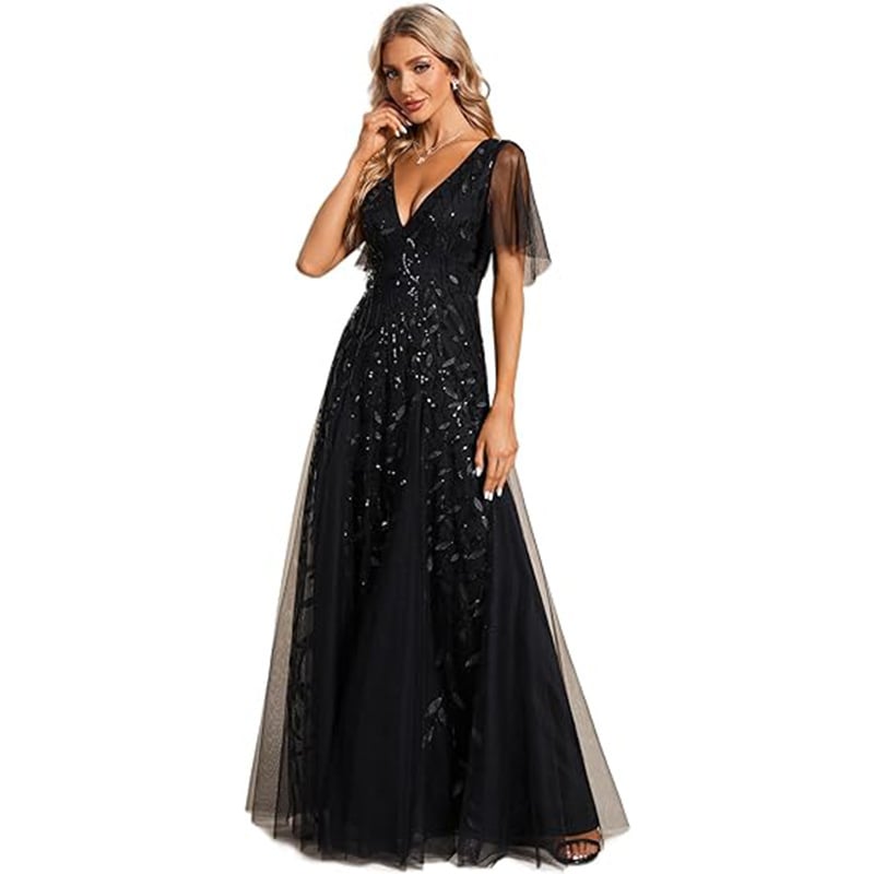 Flutter-sleeve sequin gown