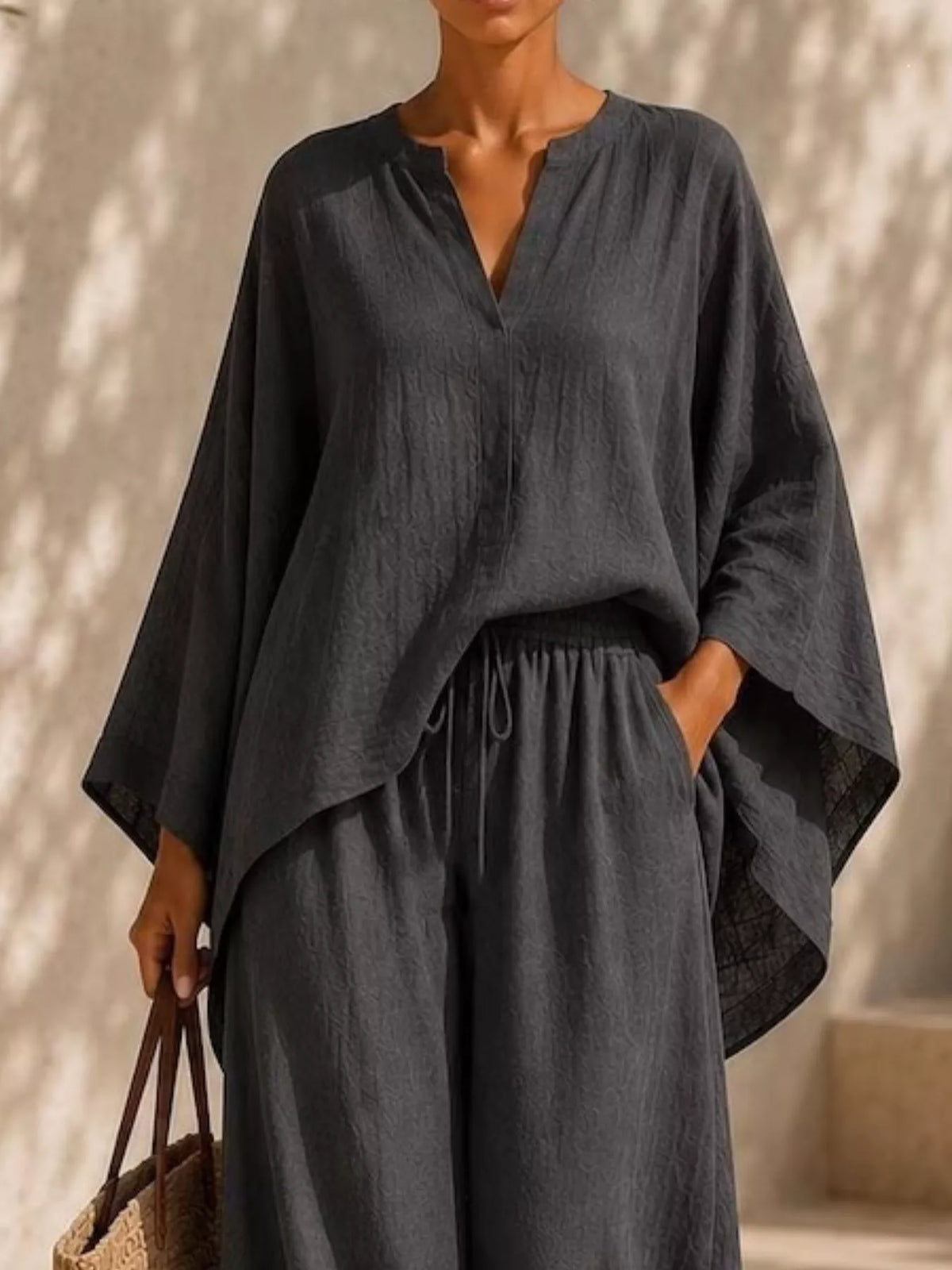 Notched long sleeve top and wide-leg pants set