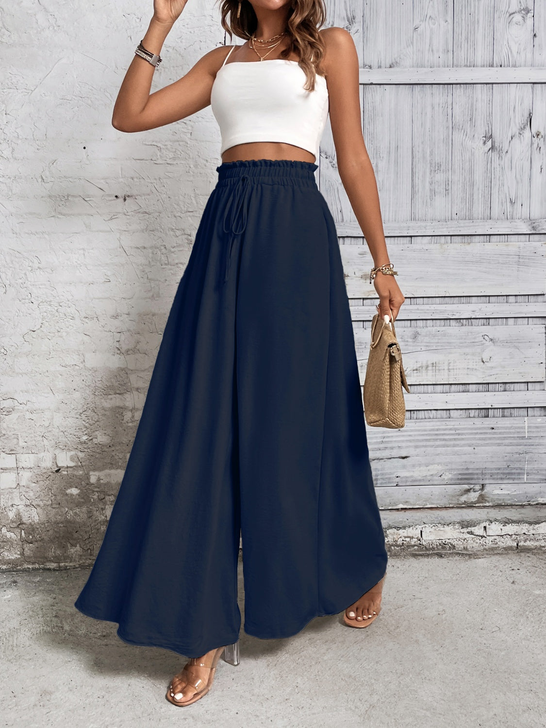 Tied high waist wide leg pants