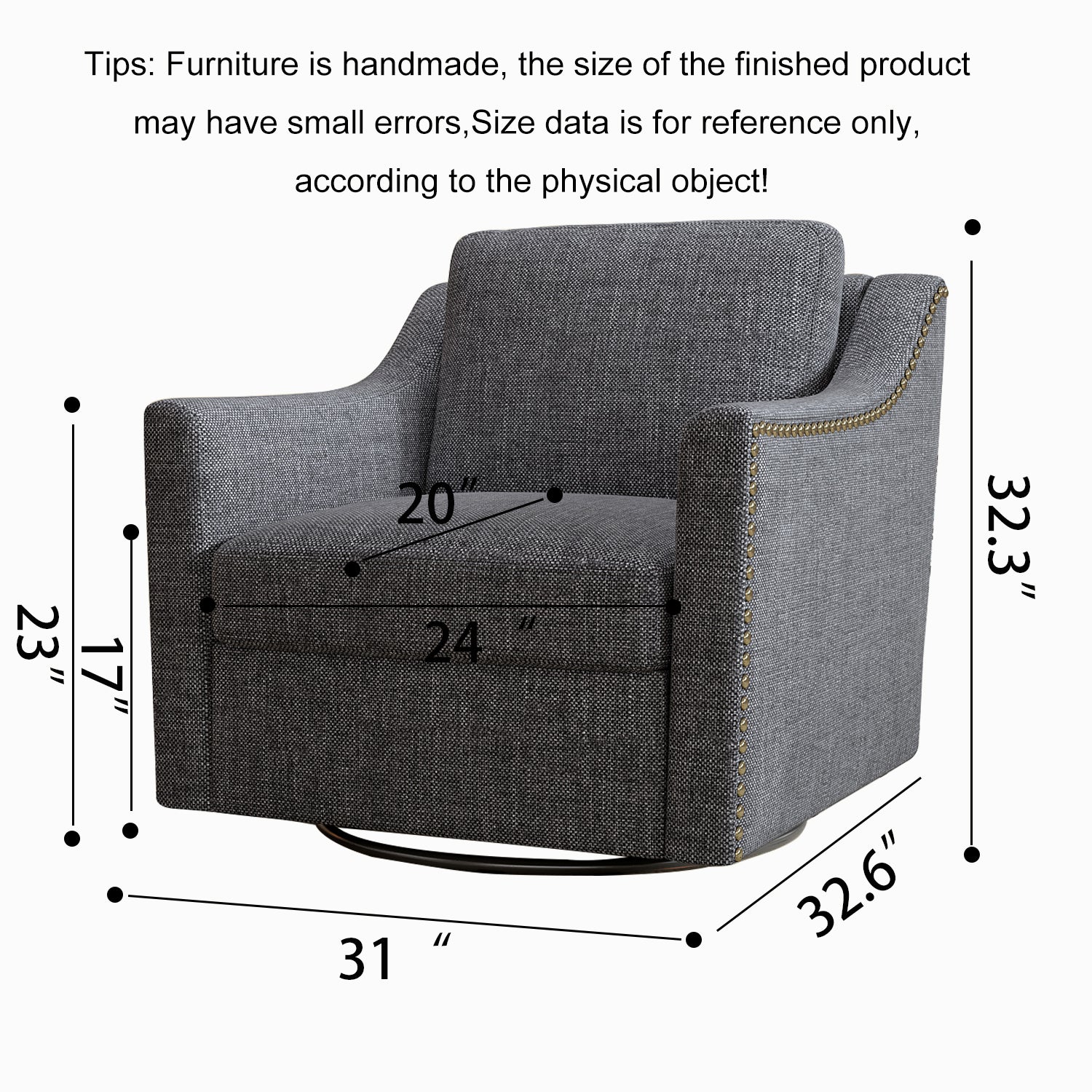 360 degree rotating cotton and linen armchair, decorated with brass nails, armchair Black+Gray