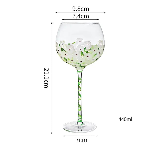 Hand-painted wine glass – green fragmented flowers
