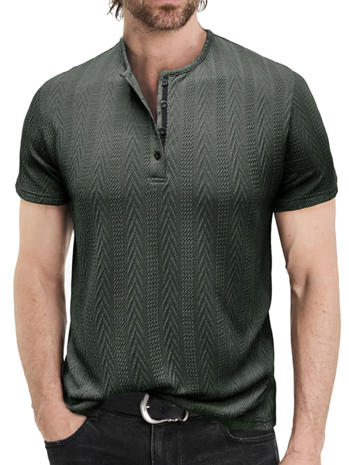 Textured chevron pattern henley polo shirt, Army Green