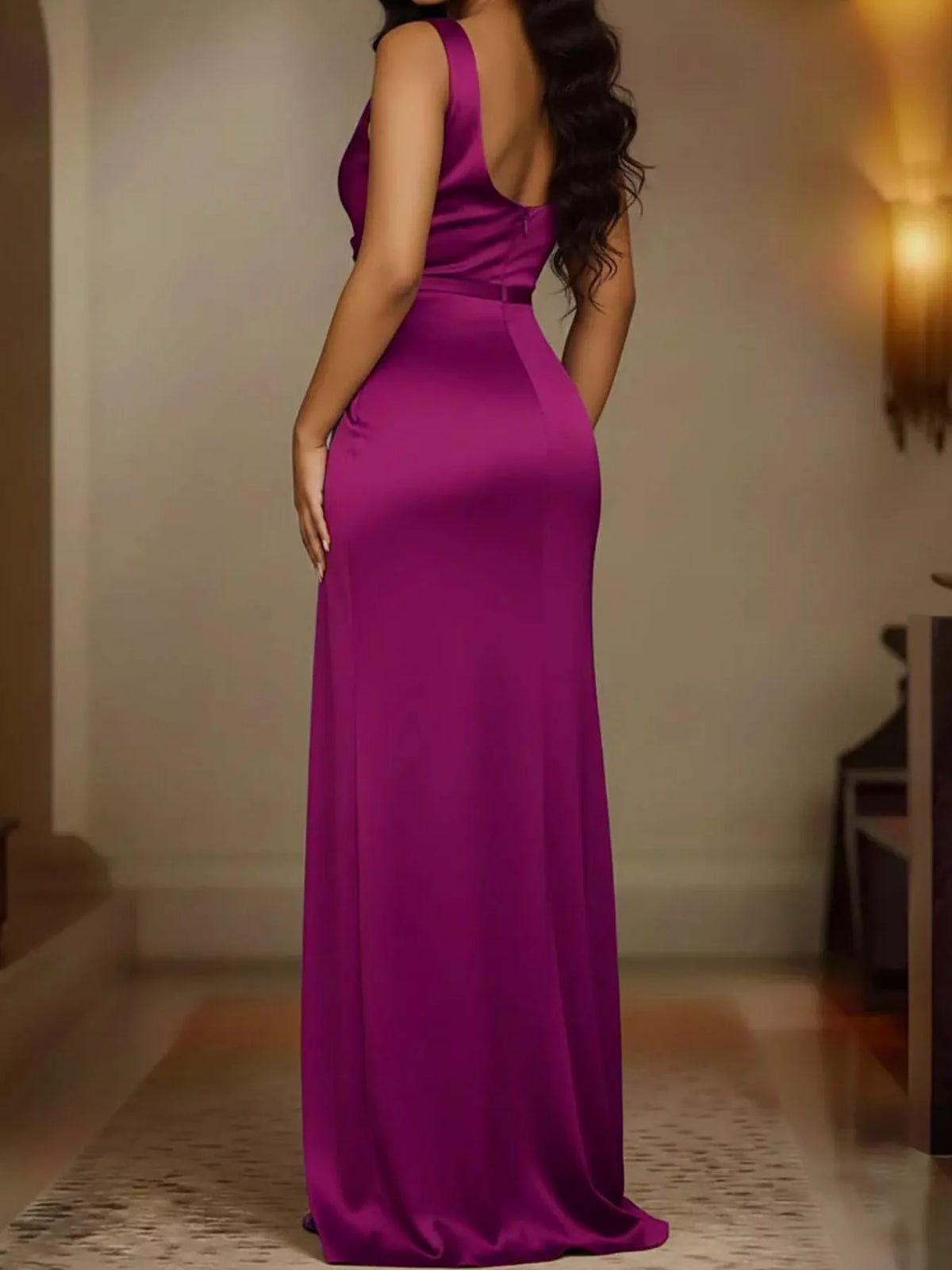 Satin cowl neck high slit evening maxi dress