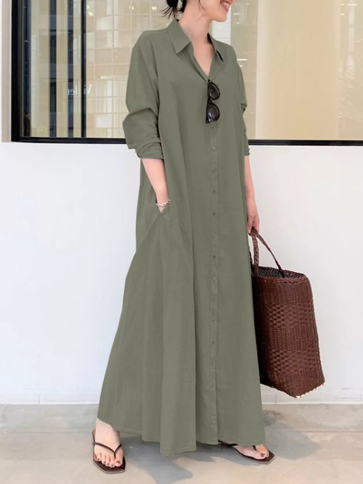 Button front long sleeve maxi shirt dress, Olive Green
