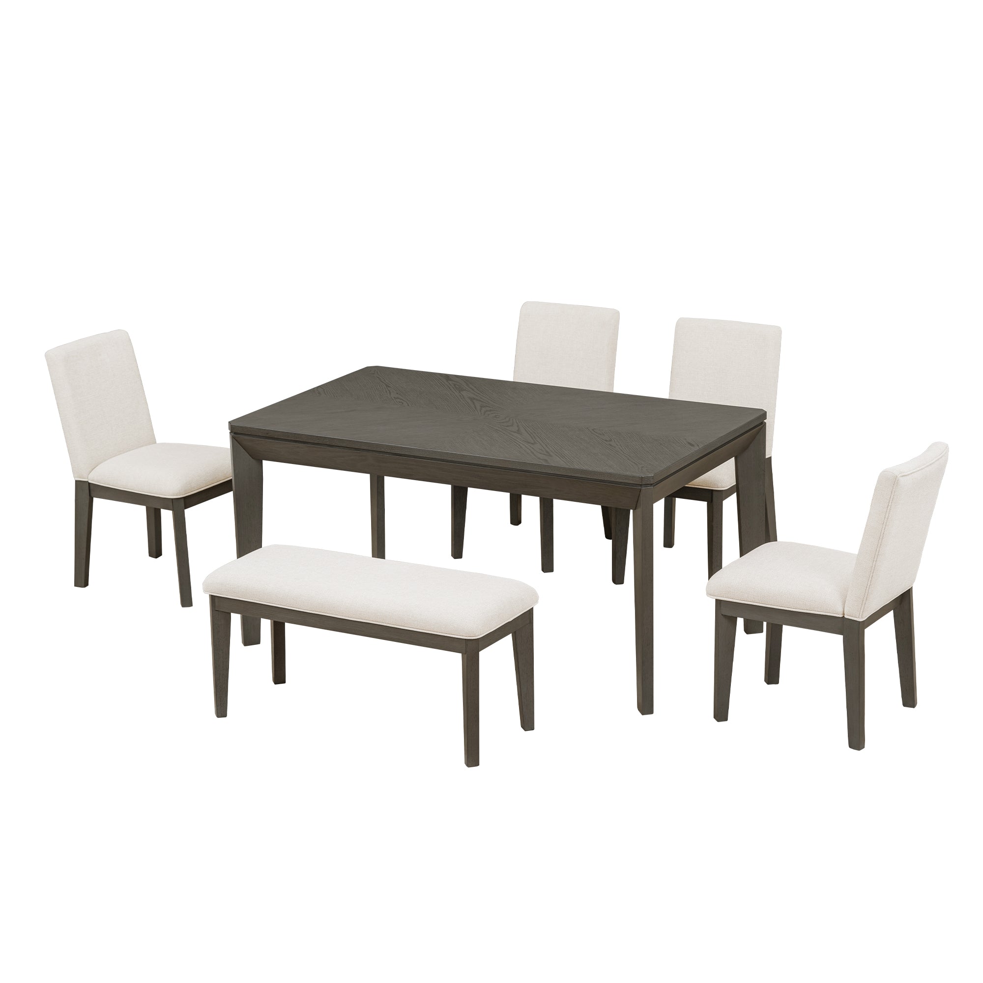 TOPMAX 6-Piece Dining Table Set with Upholstered Dining Chairs and Bench Farmhouse Style Tapered Legs Dark Gray+Beige