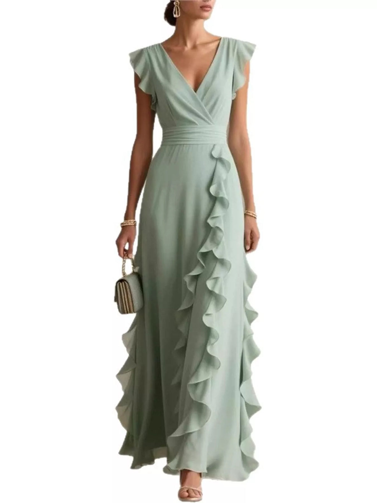 Ruffled surplice sleeveless maxi dress, Green