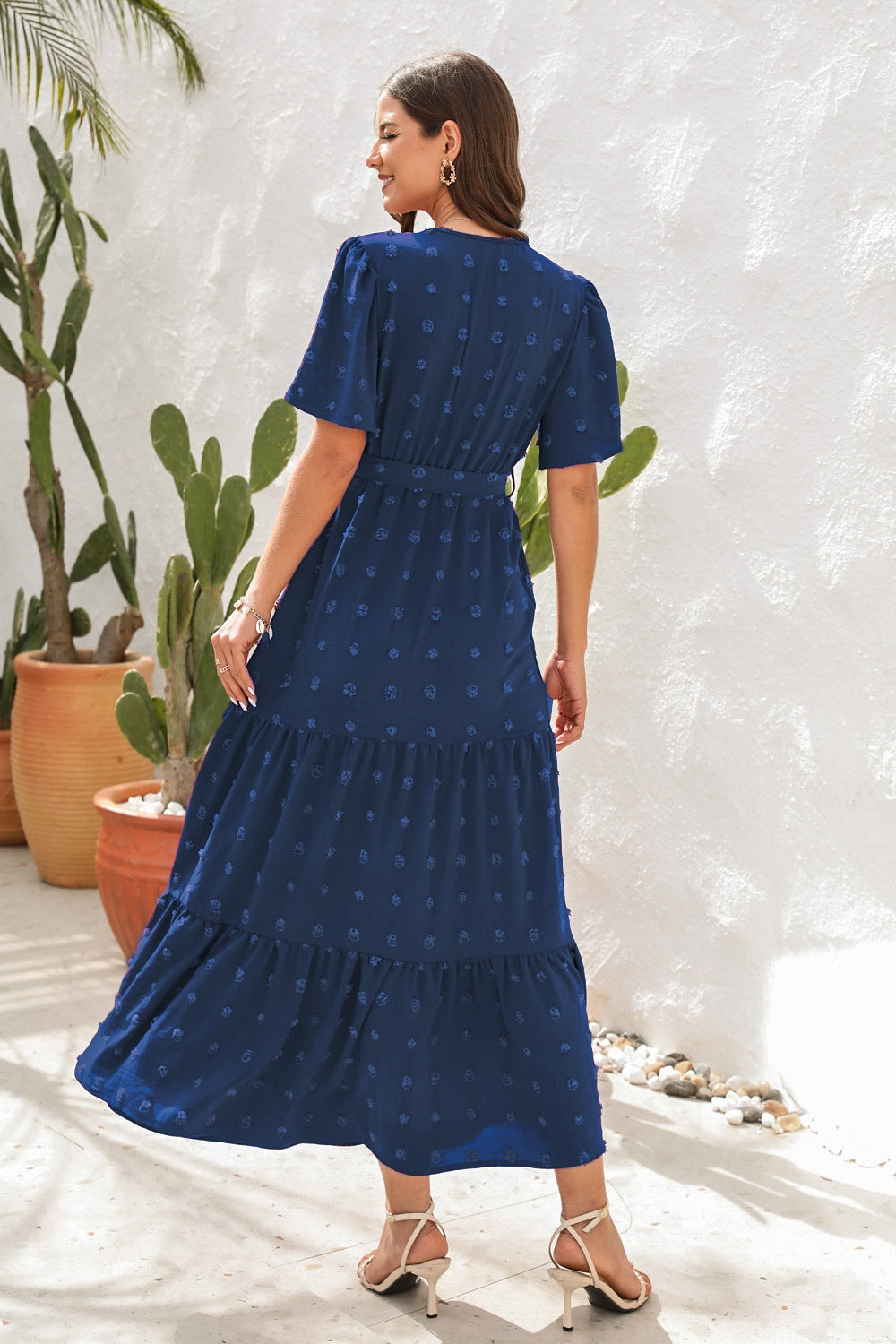 Swiss dot tied surplice short sleeve dress