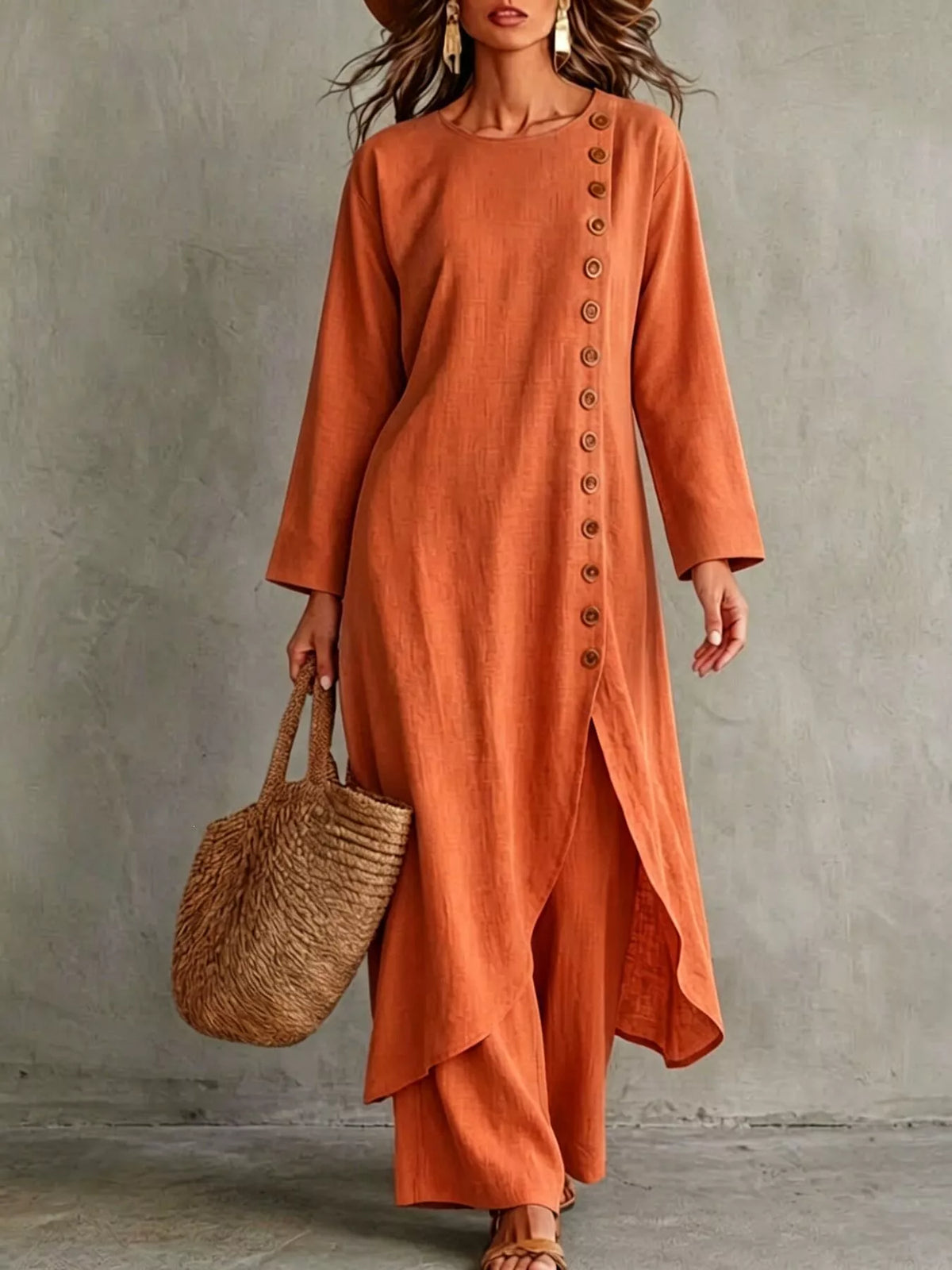Side-buttoned longline top and pants set, Orange-red