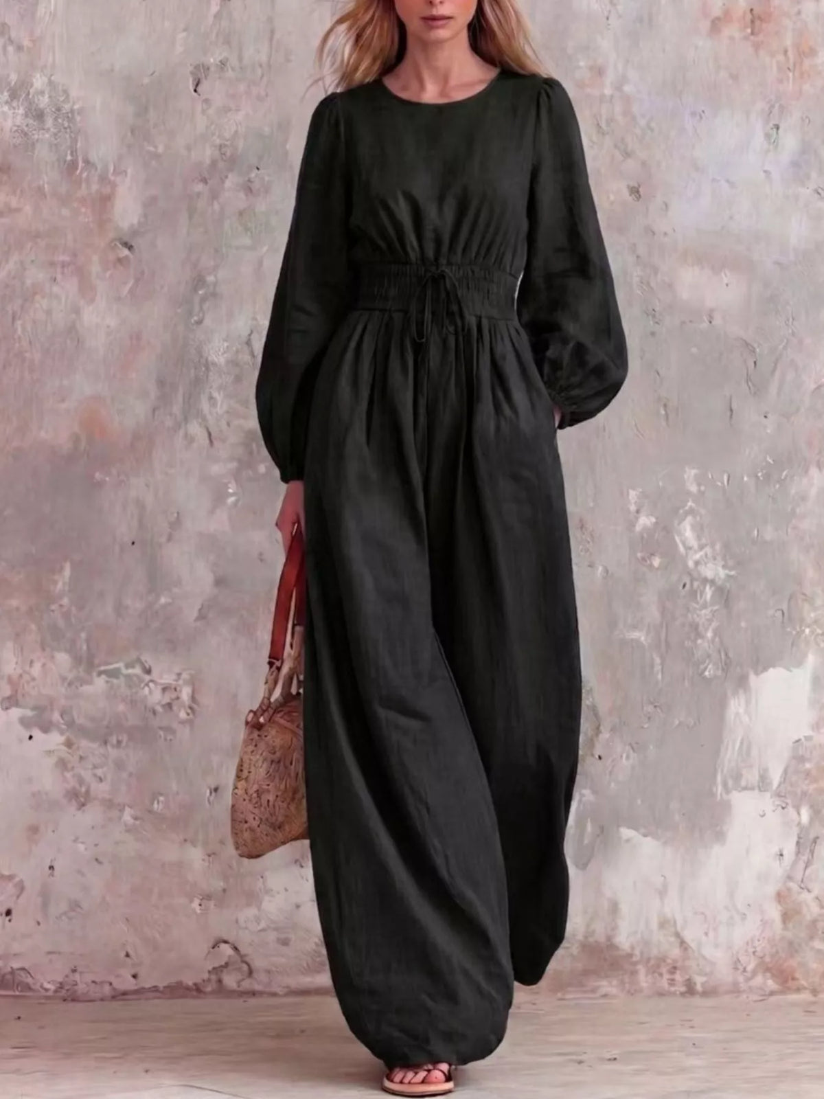 Smocked-waist long-sleeve jumpsuit – black