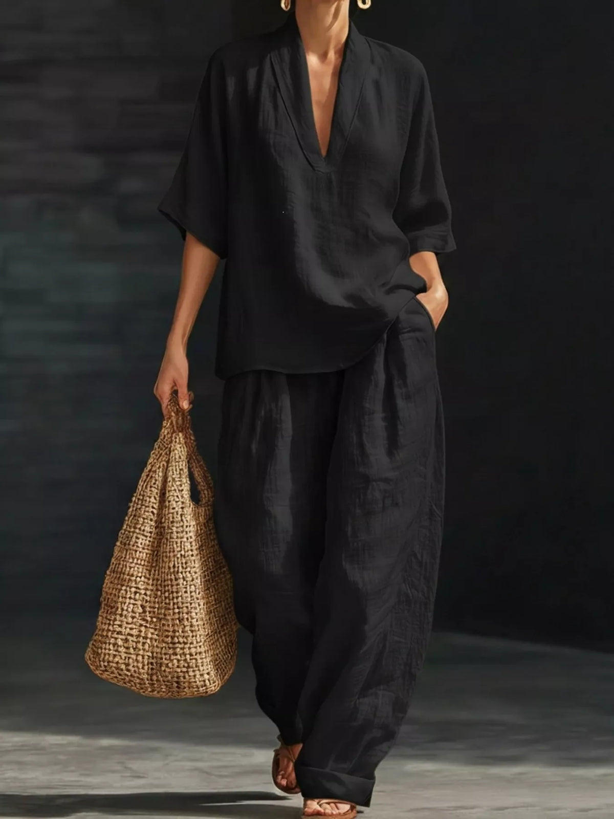Half-sleeve wide-leg pants set – black