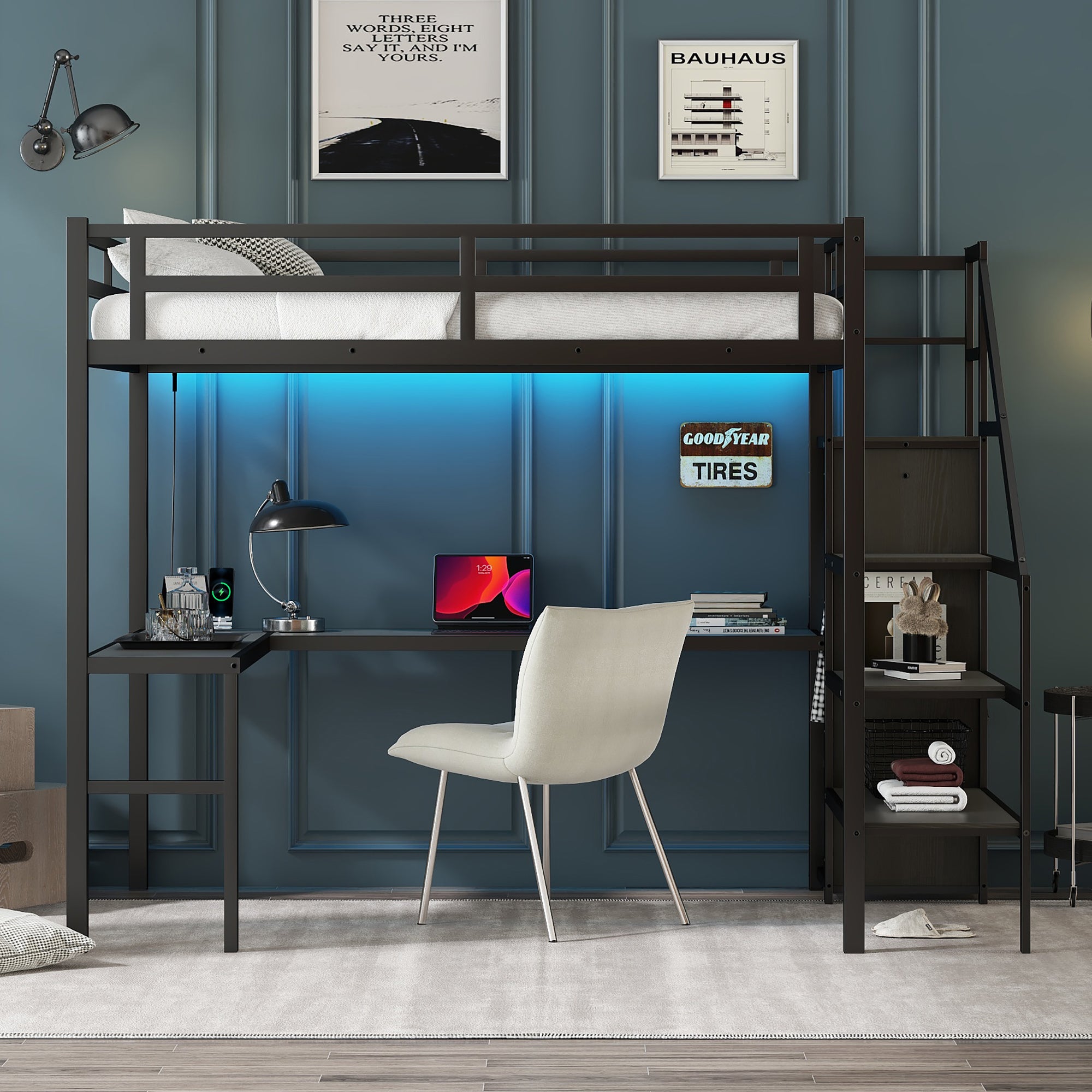 Full sized loft bed with L-shaped desk and USB, metal loft bed with wardrobe and adjustable shelf, black color