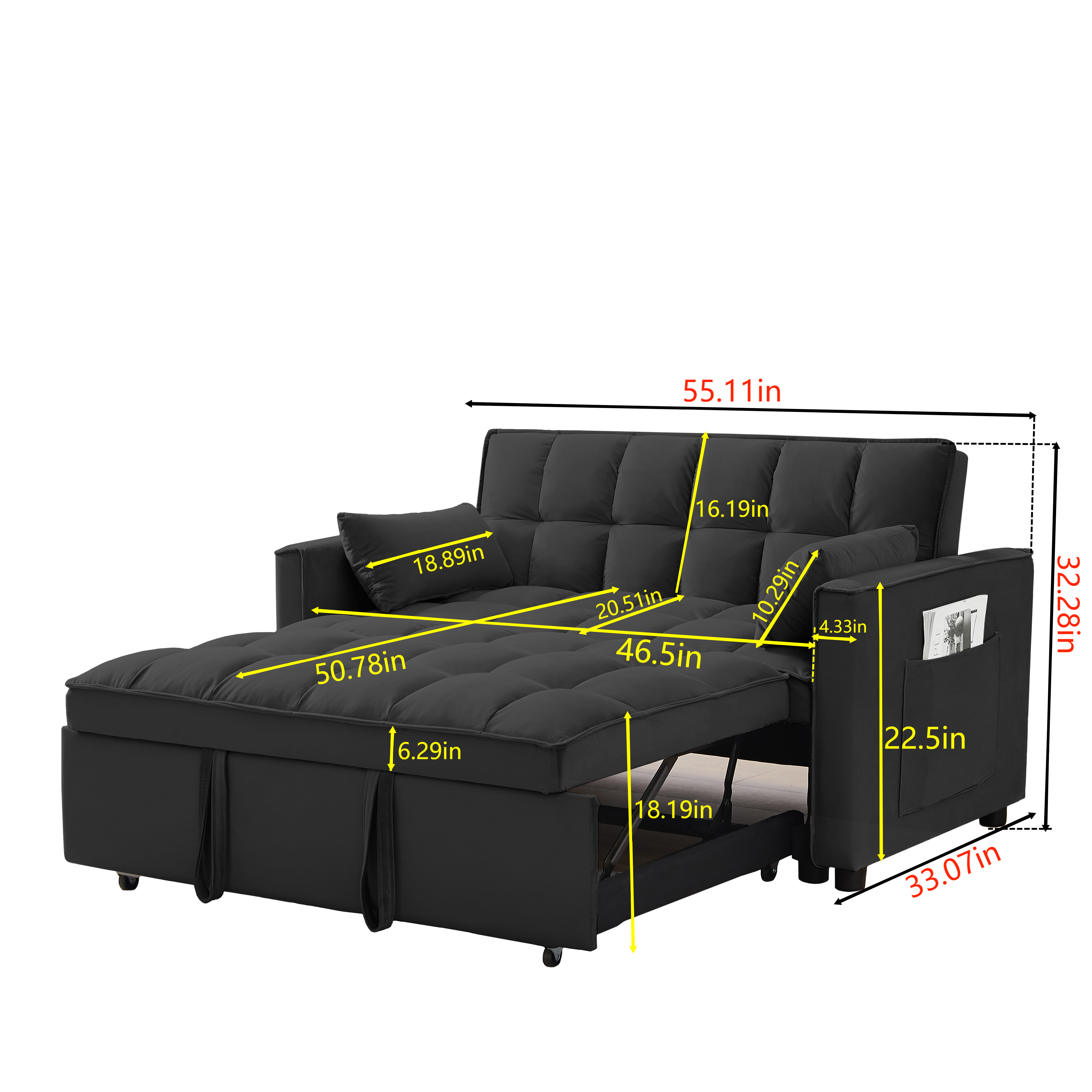 Modern Velvet Loveseat Futon Sofa with Pull out Bed, Backrest, Pillow, Pocket 3-in-1 Convertible Sleeper Sofa Bed, Black