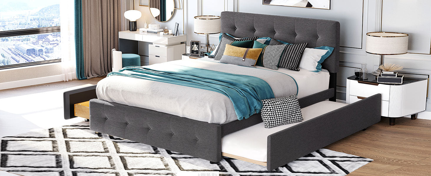 Upholstered Platform Bed with 2 Drawers and 1 Twin XL Trundle Linen Fabric Queen Size - Dark Gray