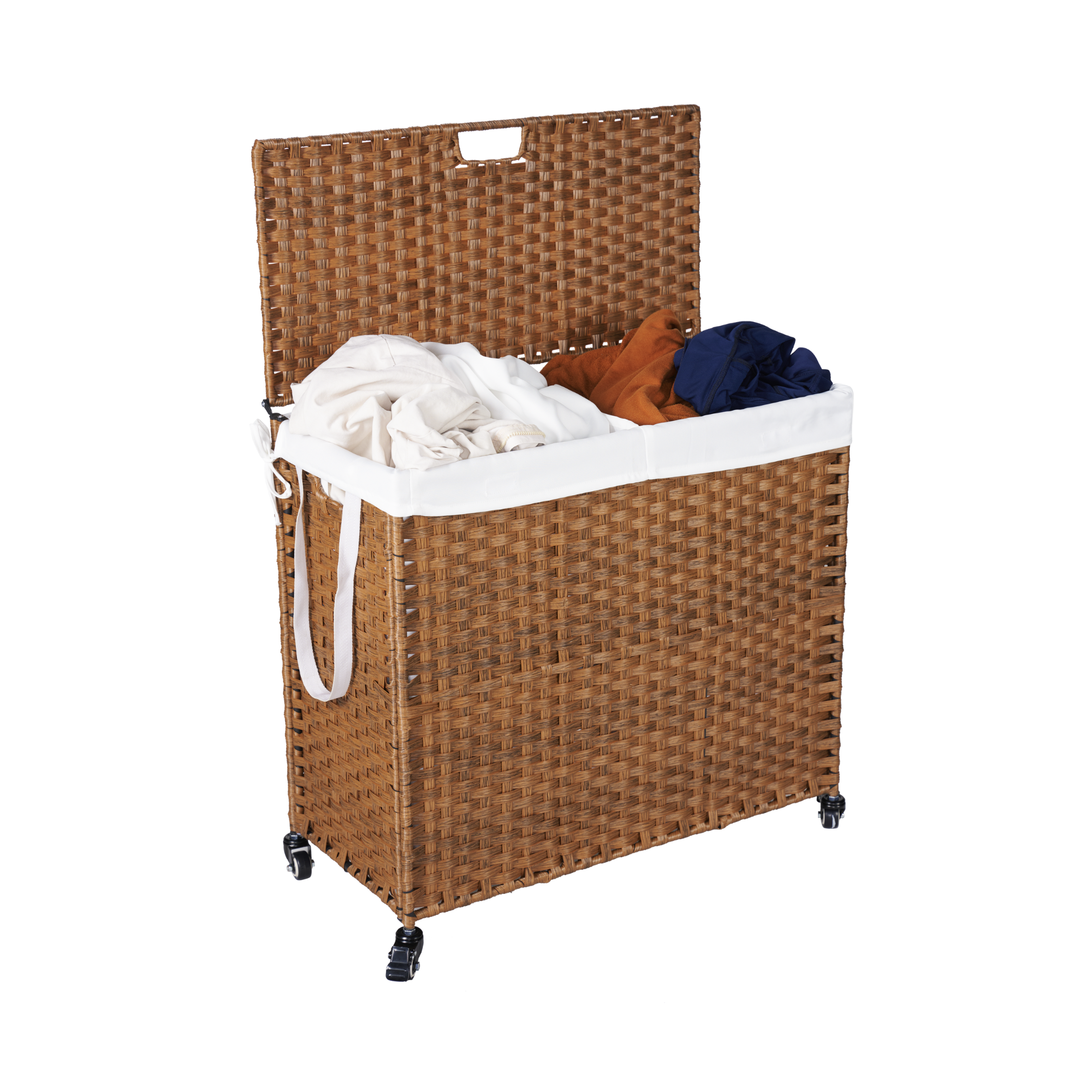 Laundry Hamper With Lid PE Rattan Powder Coating Frame Clothes Hampers with 02 Removable Bags, Wheels, 160L, Brown Color