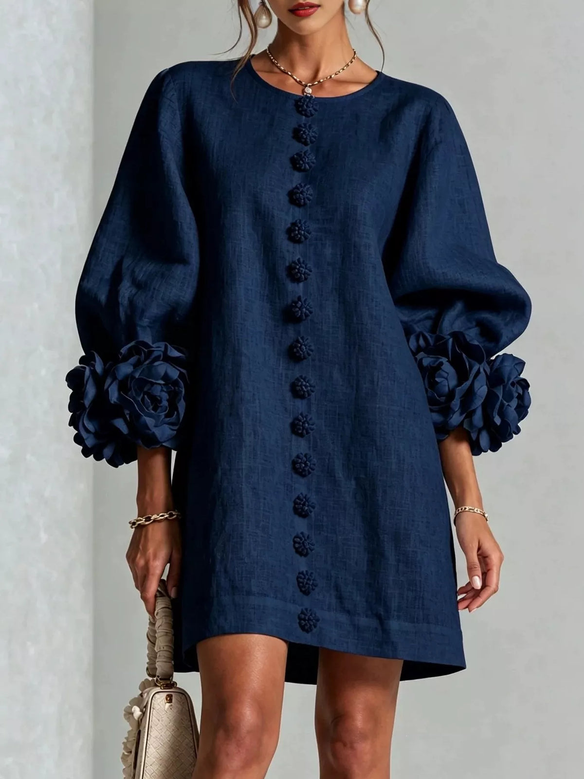 3D floral-sleeve dress – navy