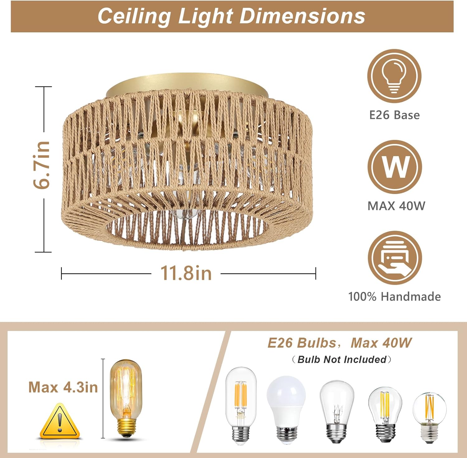 Boho Light Fixtures Ceiling Mount 3-Light Farmhouse Rattan Ceiling Light Fixture Flush Mount Ceiling Light with Hand-Woven Shade