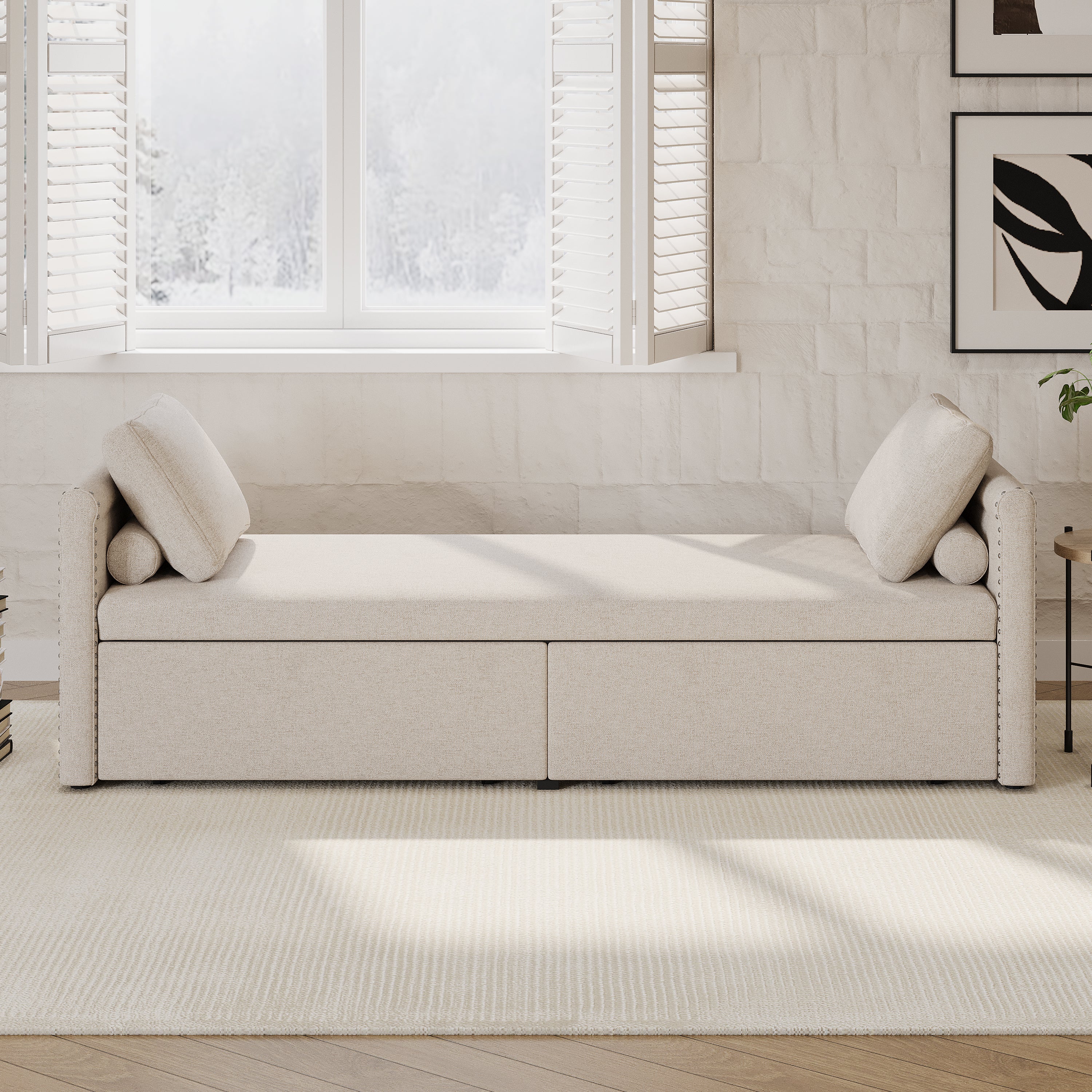 Modern cushioned lounge chair sofa bed with 2 drawers, small single sofa bed without mattress, linen, beige