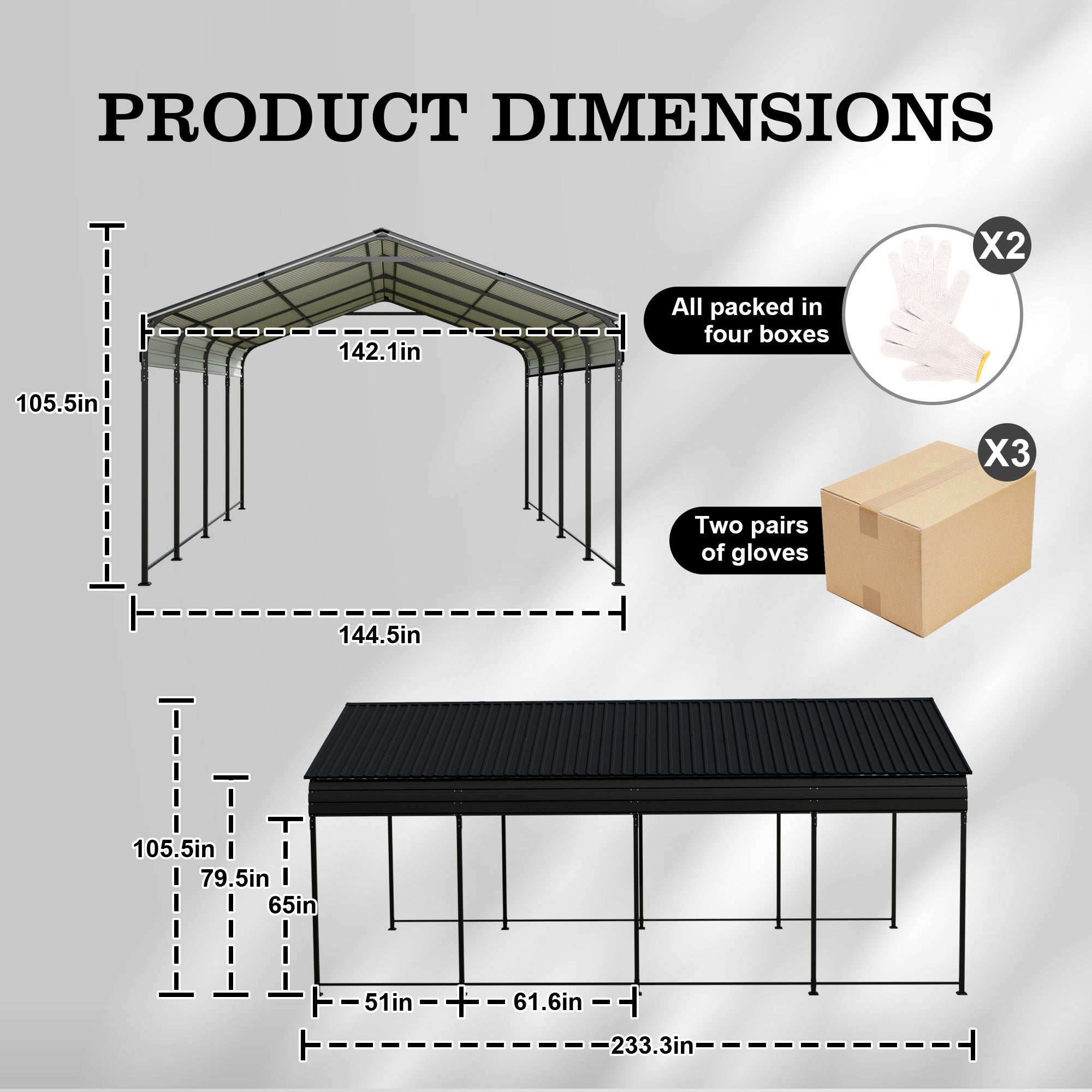 Carport 12x20 FT Heavy Duty Carport CanopyUpdated Frame Structure Galvanized Steel Roof and Enhanced BaseMetal dark Grey