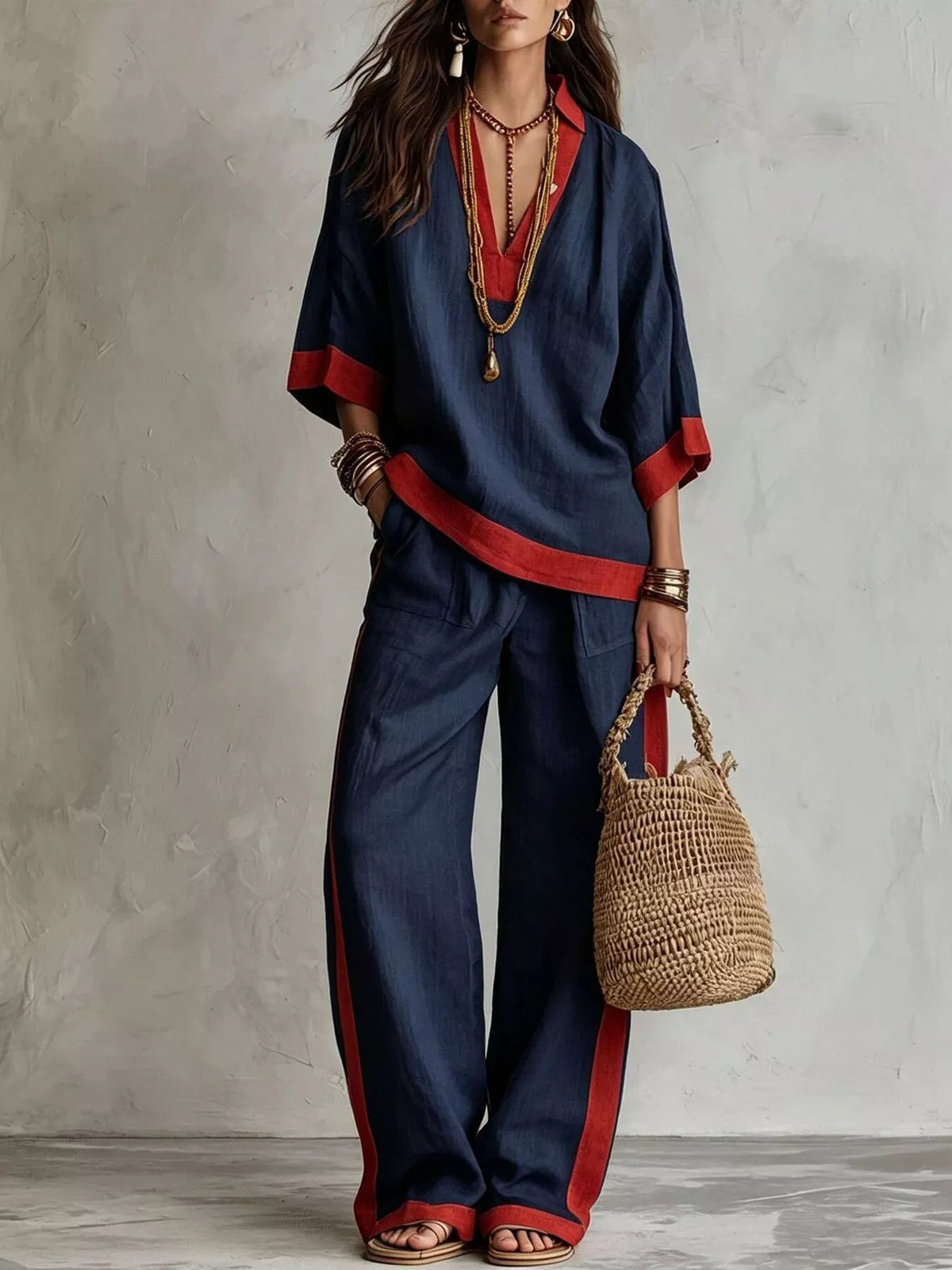 Contrast trim top and wide leg pants set, Navy